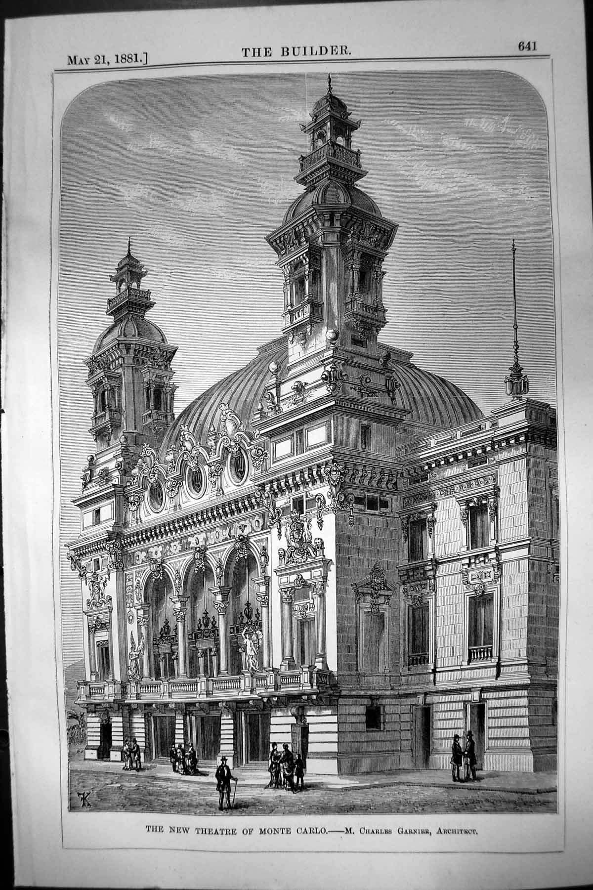 Old Print Exterior New Theatre Monte Carlo Charles Garnier Architect 1881 19th