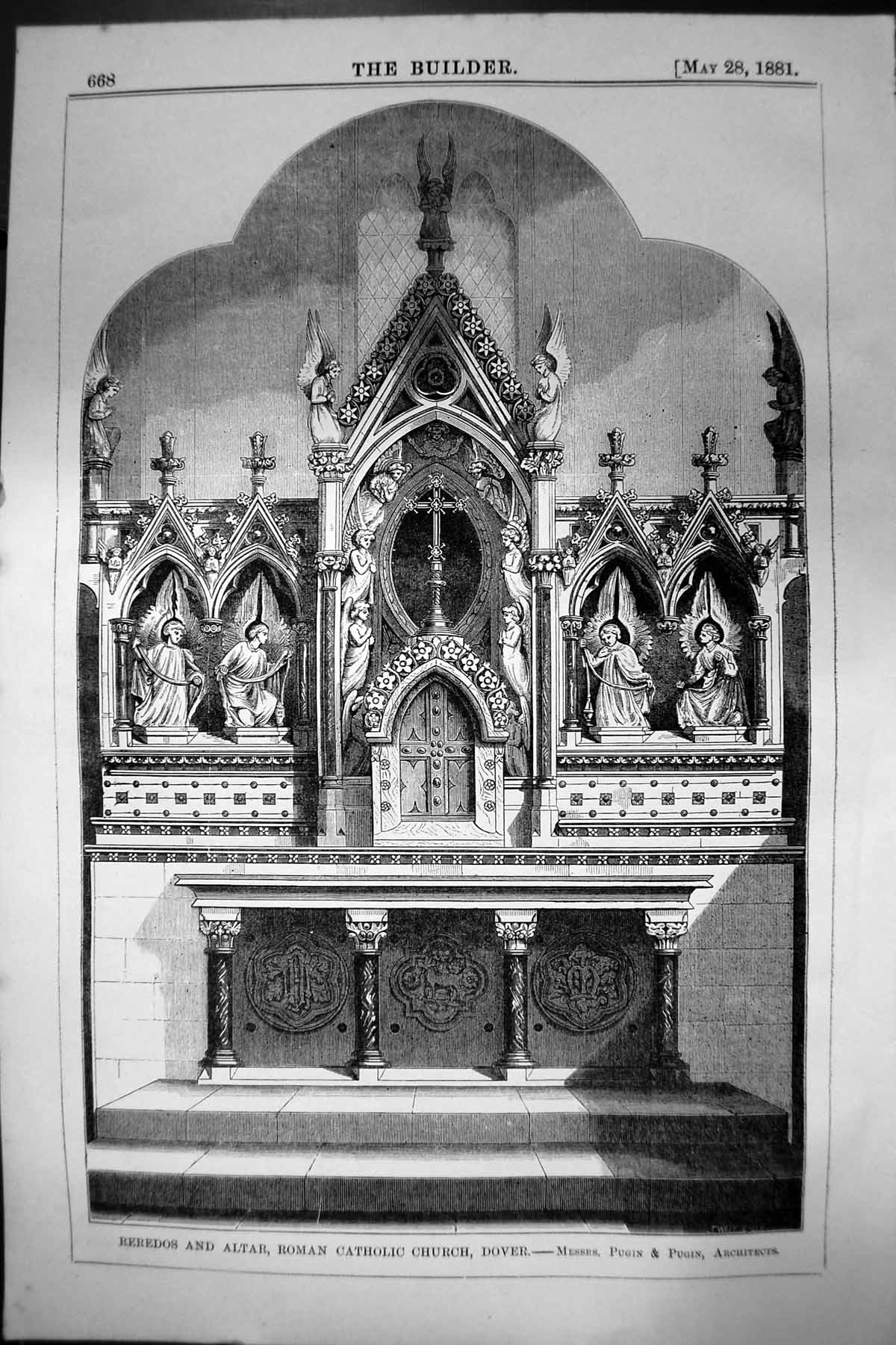 Old Print Reredos Altar Roman Catholic Church Dover Pugin Pugin Arch 1881 19th