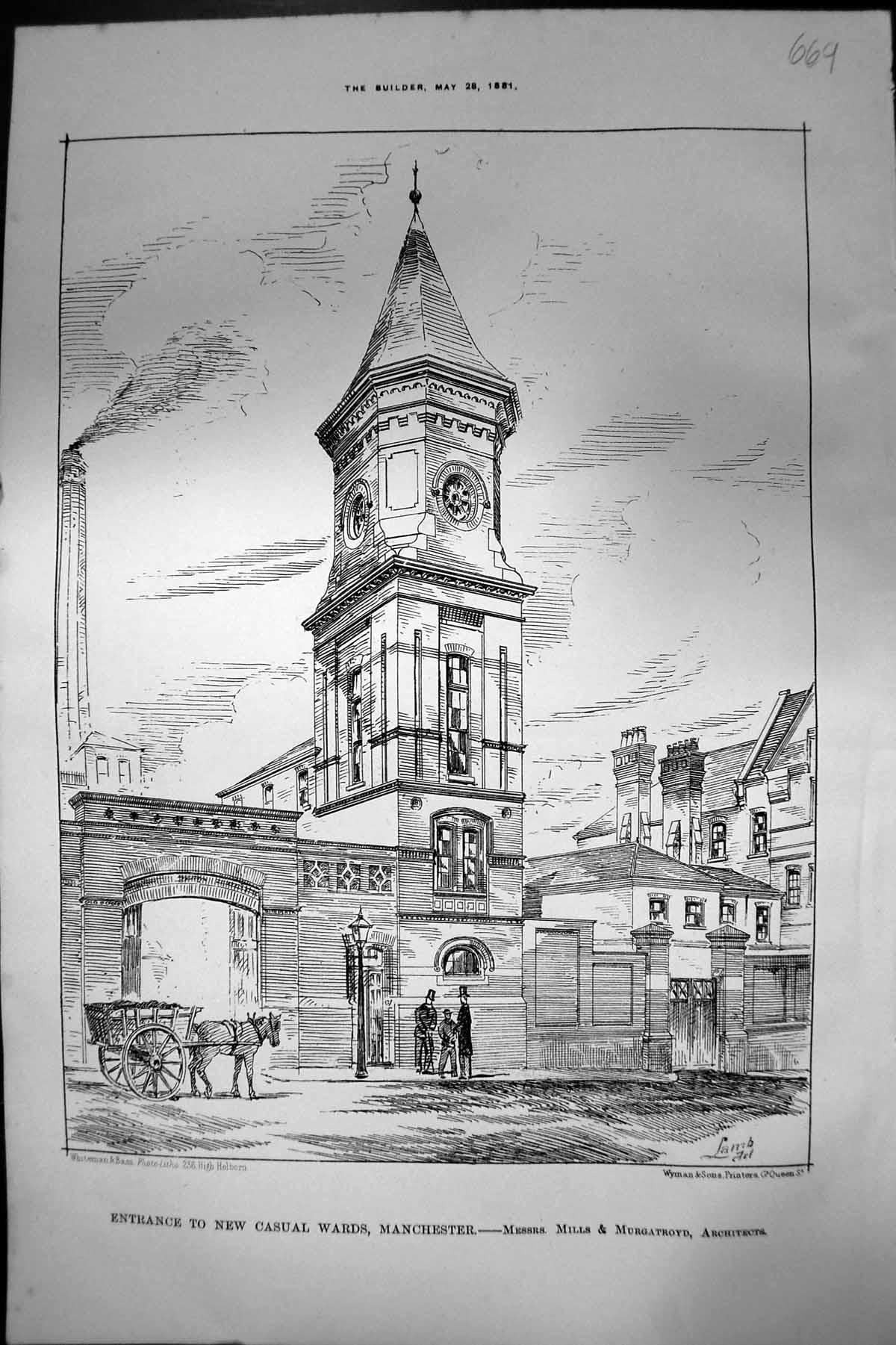 Old Print Entrance New Casual Wards Manchester Mills Murgatroyd Arch 1881 19th