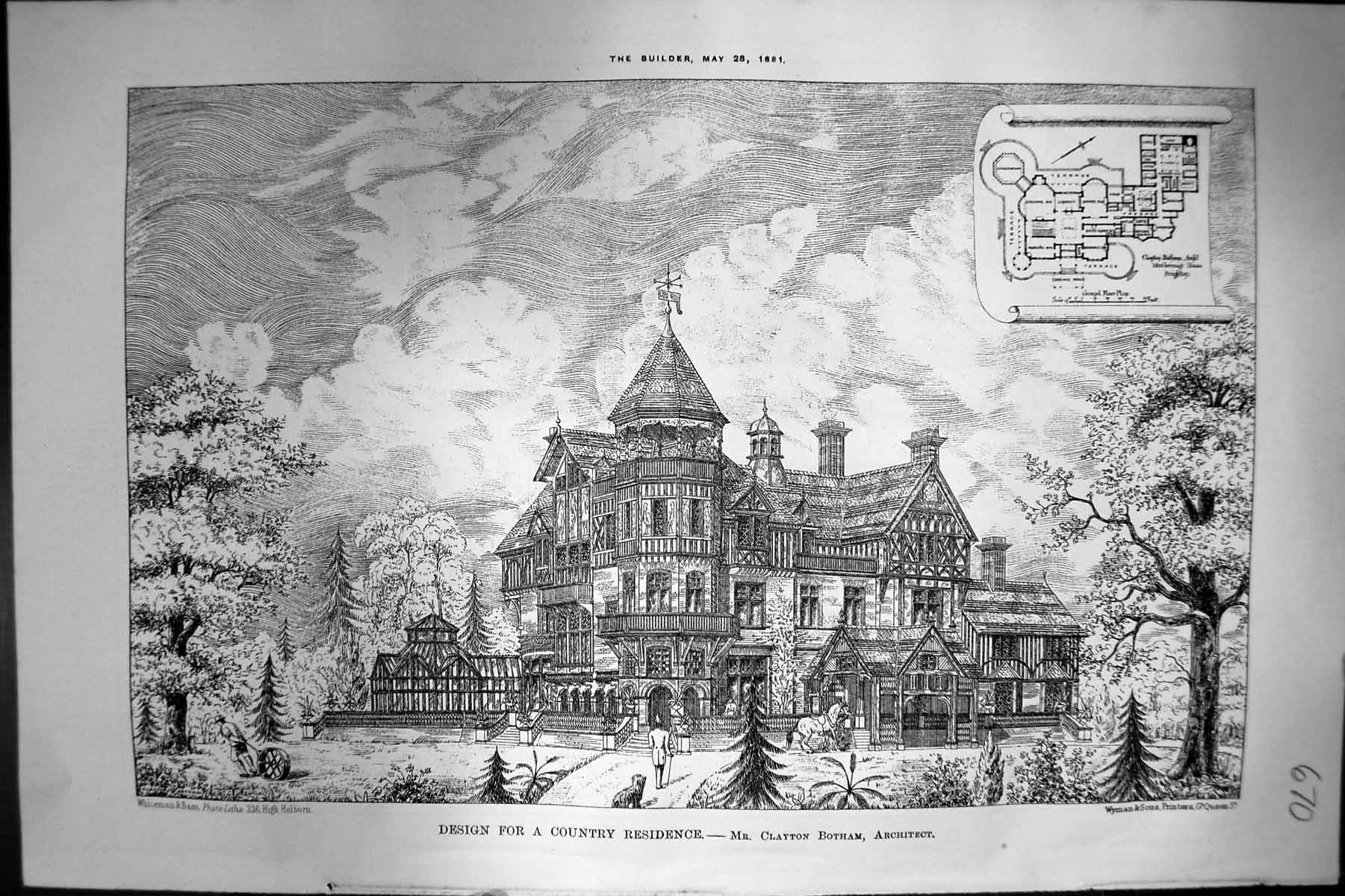 Old Print Design Country Residence Exterior Plan Clayton Botham Arch 1881 19th