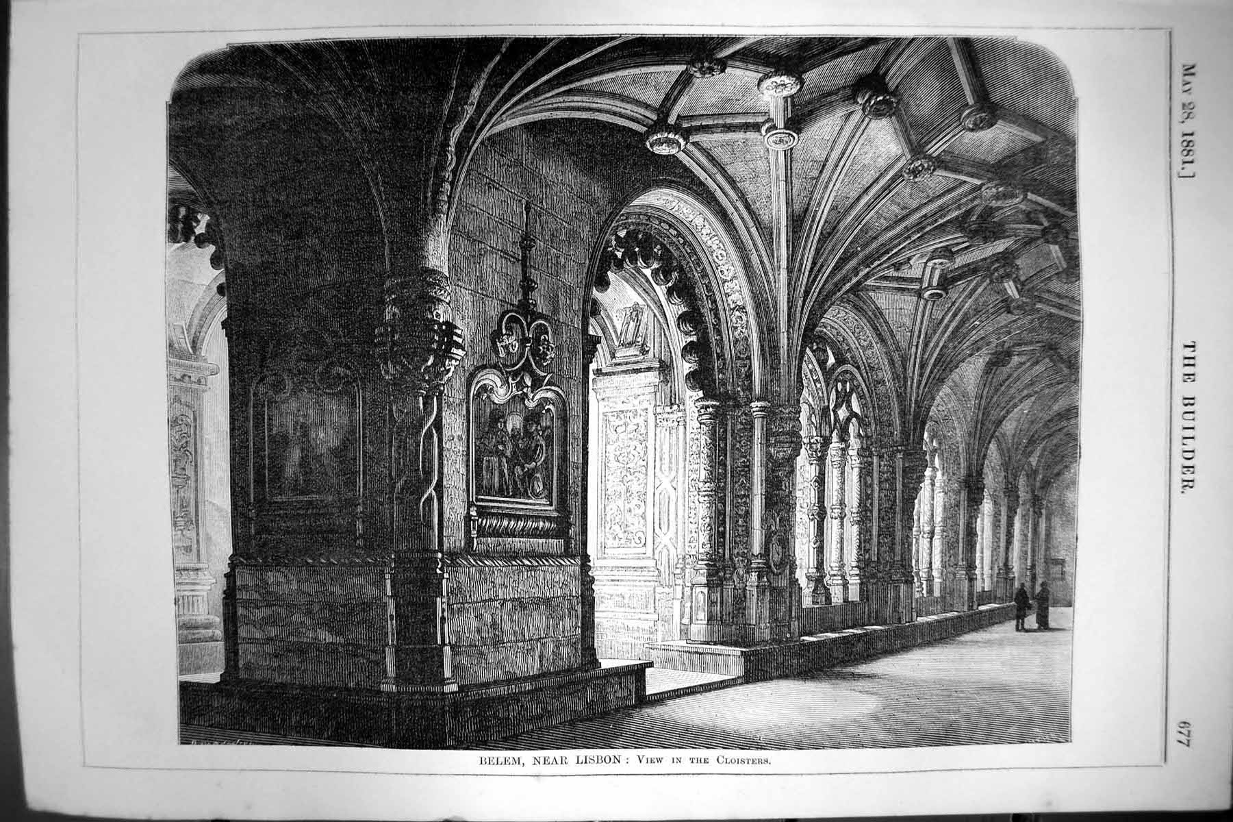 Original Old Antique Print Belem Near Lisbon View In Cloisters 1881 Victorian