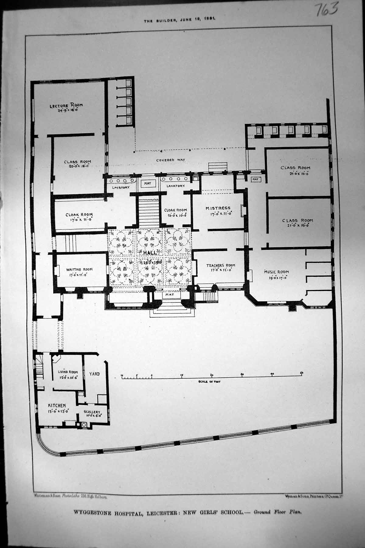 Old Print Wyggestone Hospital Leicester New Girls School Floor Plan 1881 19th