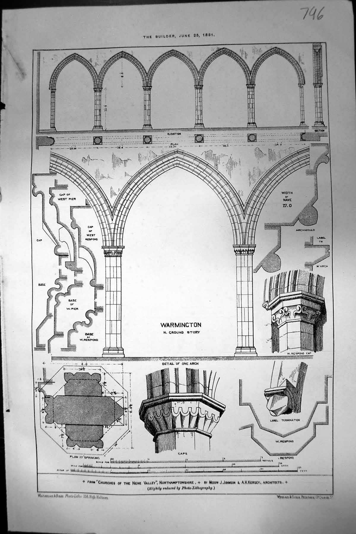 Antique Old Print Plans Churches Nene Valley Northamptonshire Warmington 1881
