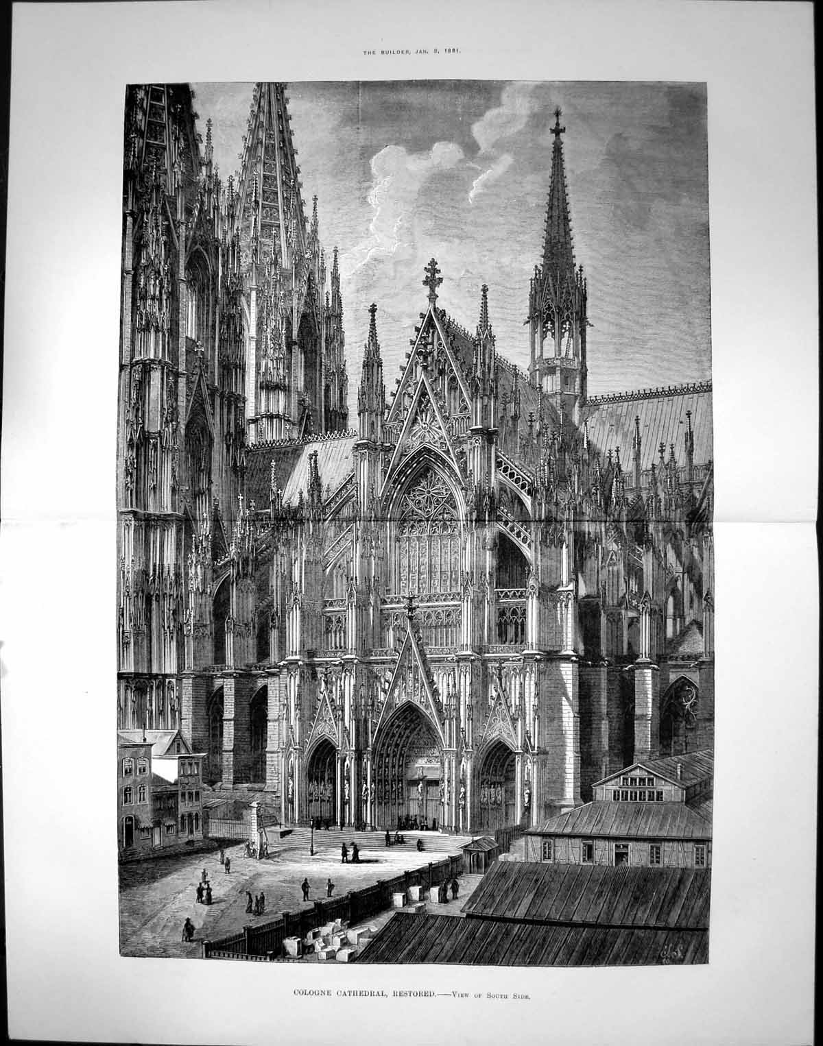 Original Old Antique Print Cologne Cathedral Restored View South Side 1881
