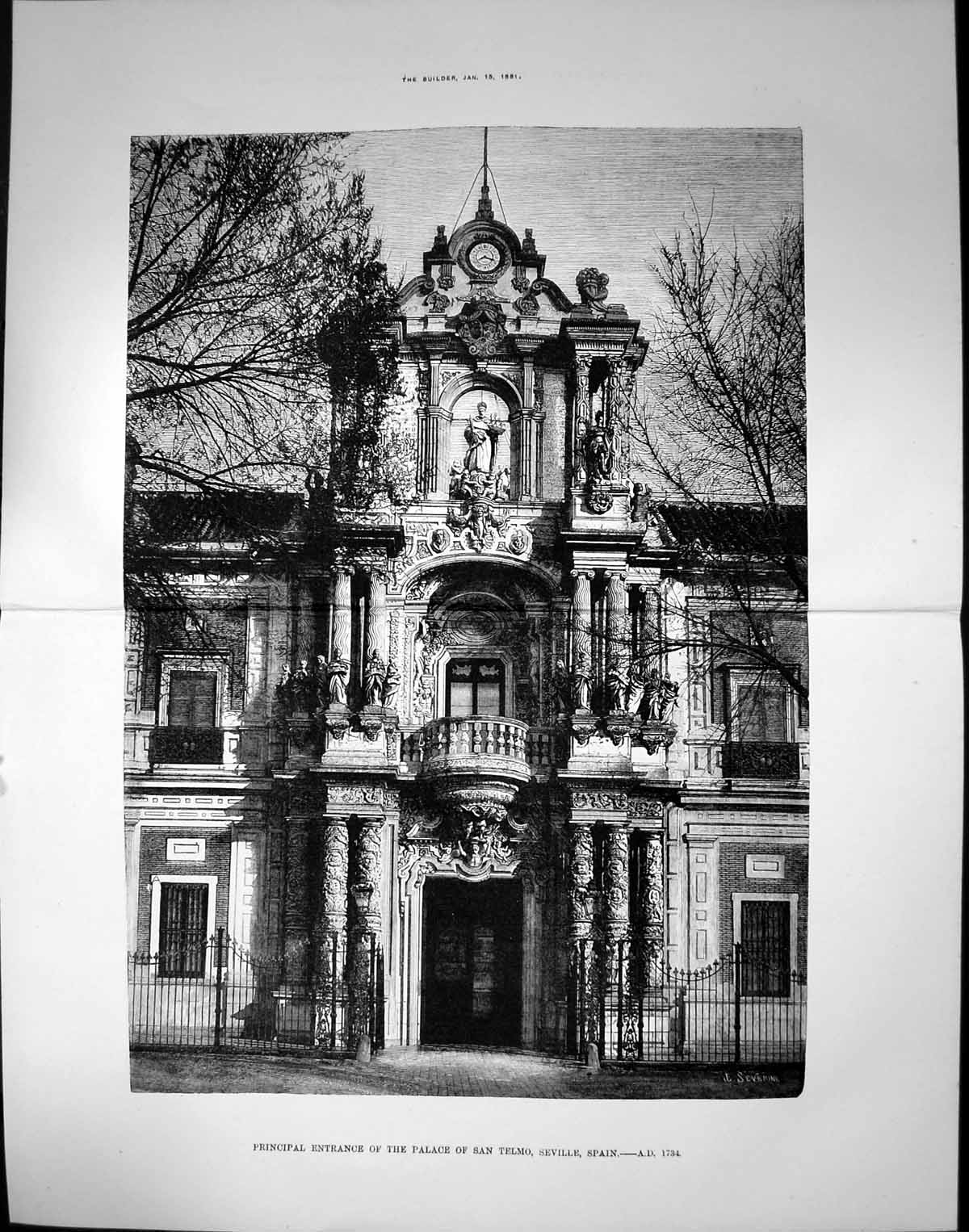 Antique Print Principal Entrance Palace San Telmo Seville Spain 1734 1881