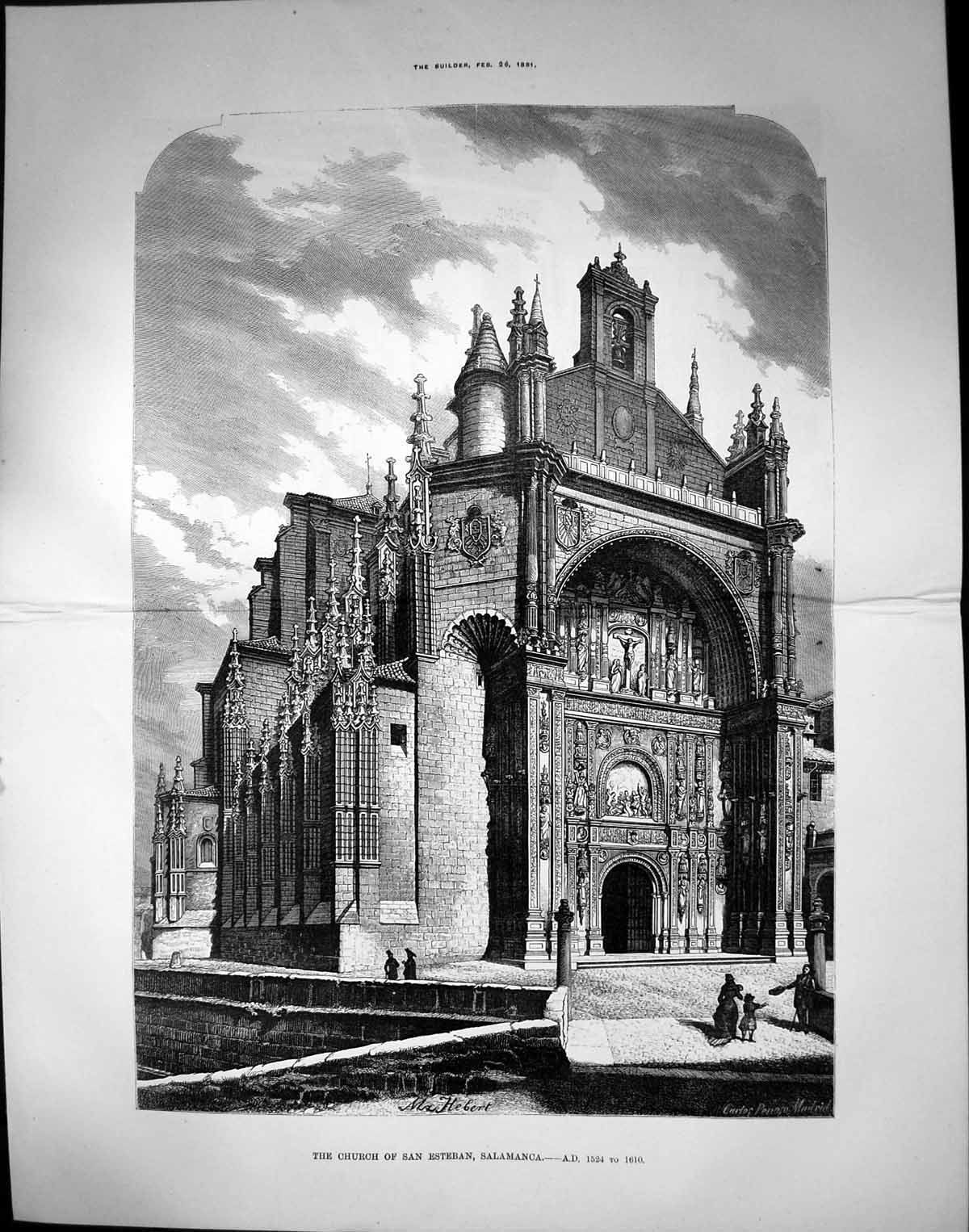 Original Old Antique Print Church San Esteban Salamanca 1524 To 1610 1881