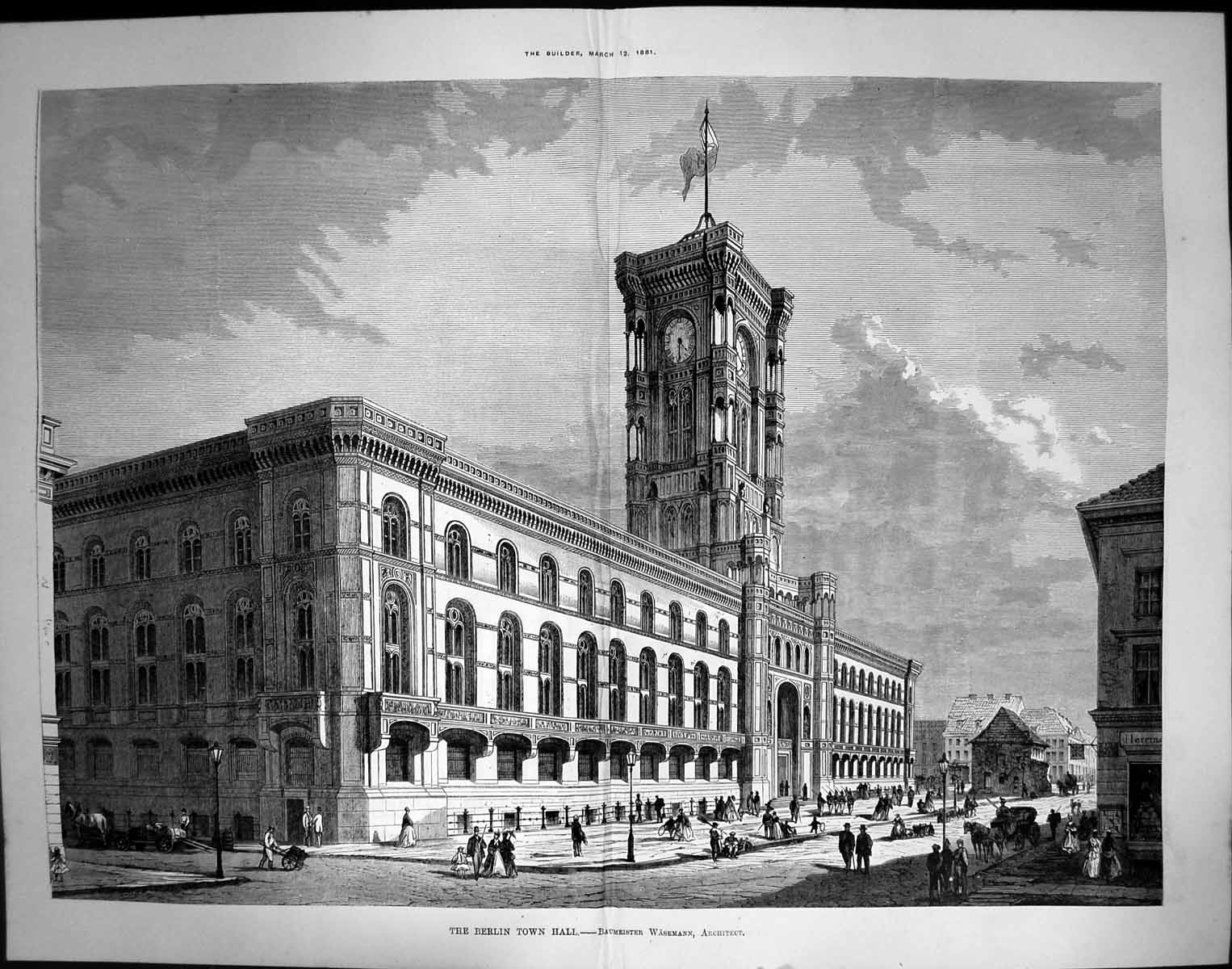 Antique Print Berlin Town Hall Exterior Baumeister Wasemann Architect 1881