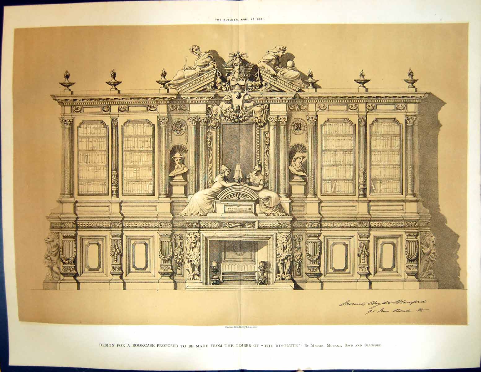Old Print Design Bookcase Proposed Made Timber Resolute Morant Boyd 1881 19th