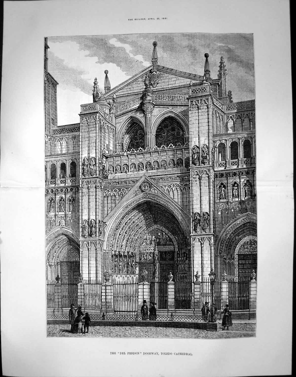 Original Old Antique Print Del Perdon Doorway Toledo Cathedral 1881Victorian
