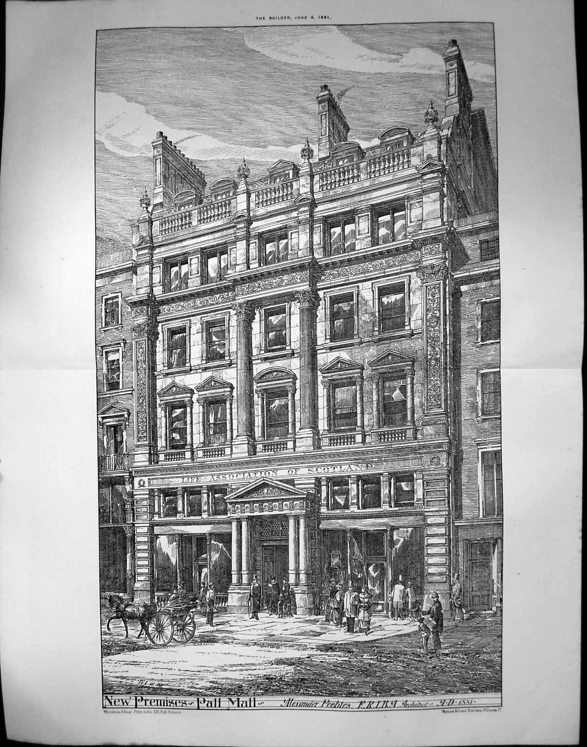 Antique Old Print New Premises Pall Mall Alexander Peebles Architect 1881 19th