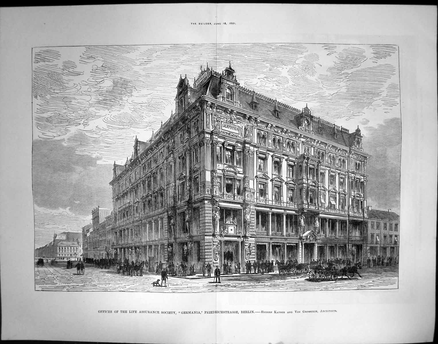 Old Print Fices Life Assurance Soc Germania Friedrichstrasse Berlin 1881 19th