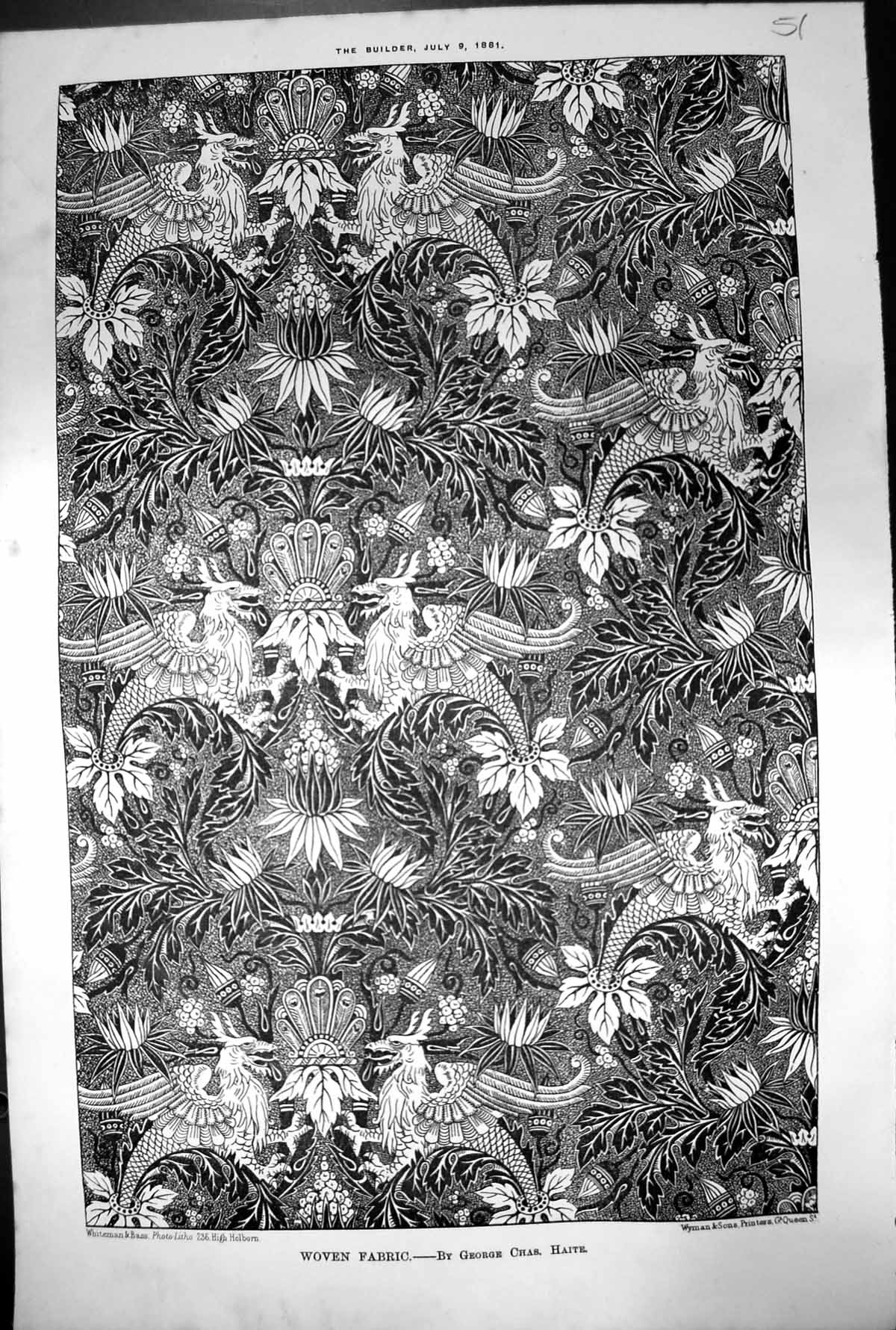 Antique Old Print Woven Fabric George Chas Haite Birds Leaves Berries 1881 19th