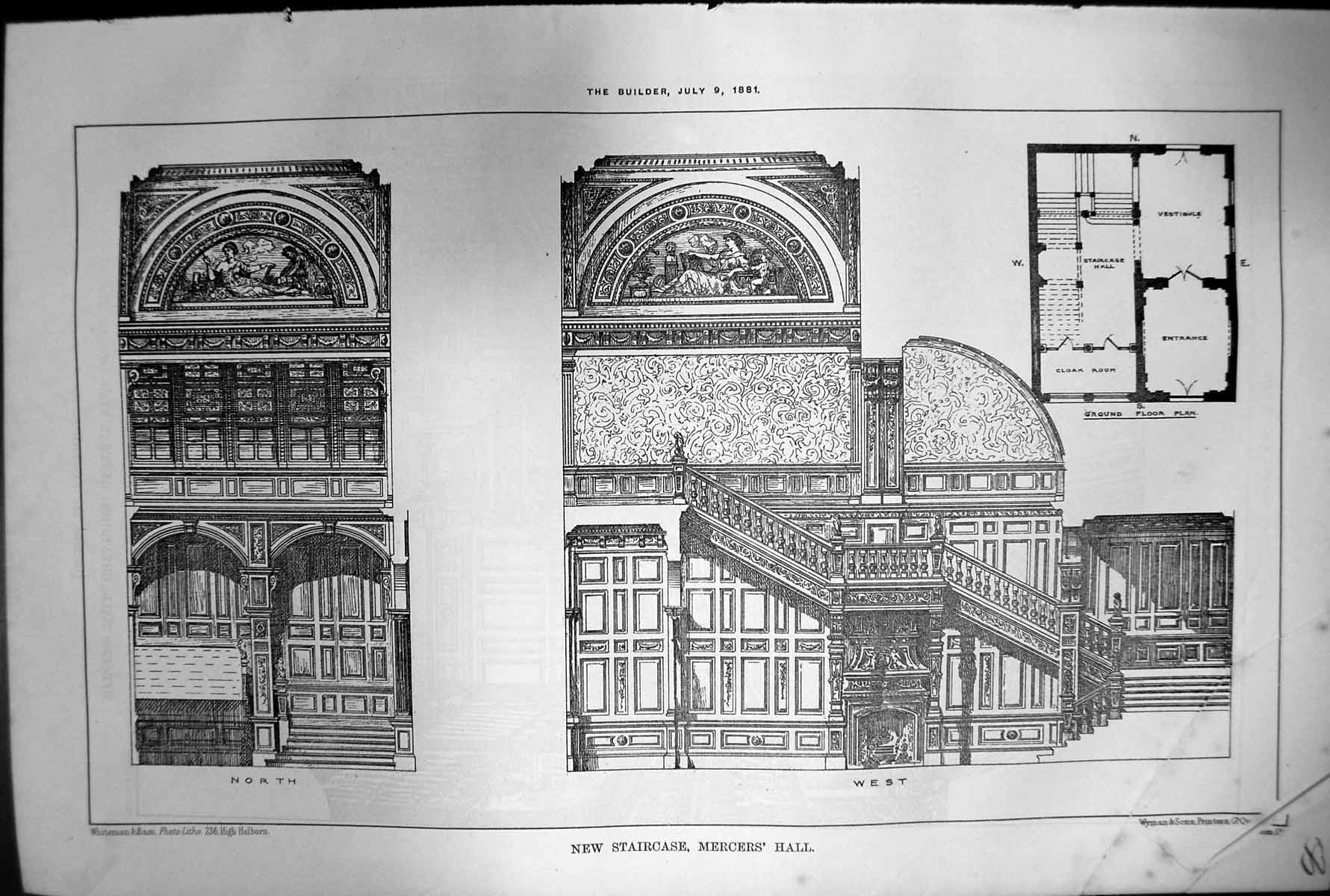 Antique Print New Staircase Mercers Hall Ground Floor Plan North West 1881 19th