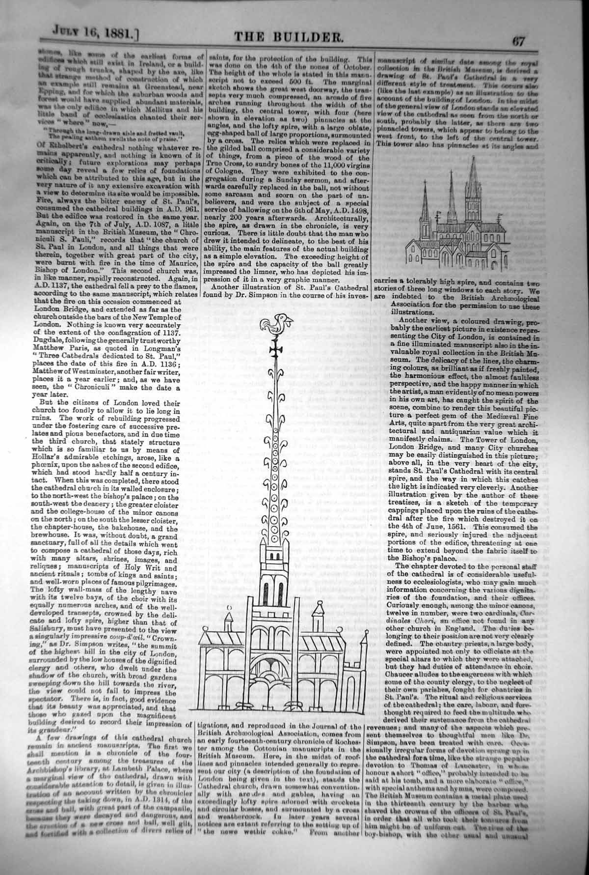 Original Old Antique Print Plan Ethelberts Cathedral Spire Nothing Remains 1881