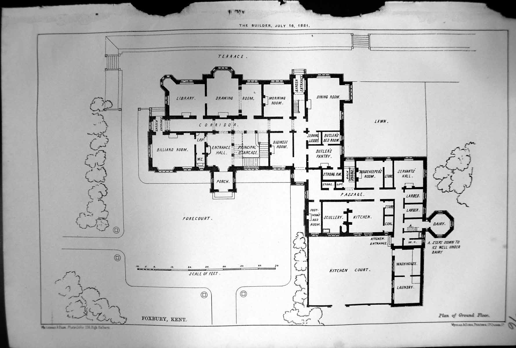 Antique Print Plan Ground Floor Foxbury Kent Forecourt Kitchen Larder 1881 19th