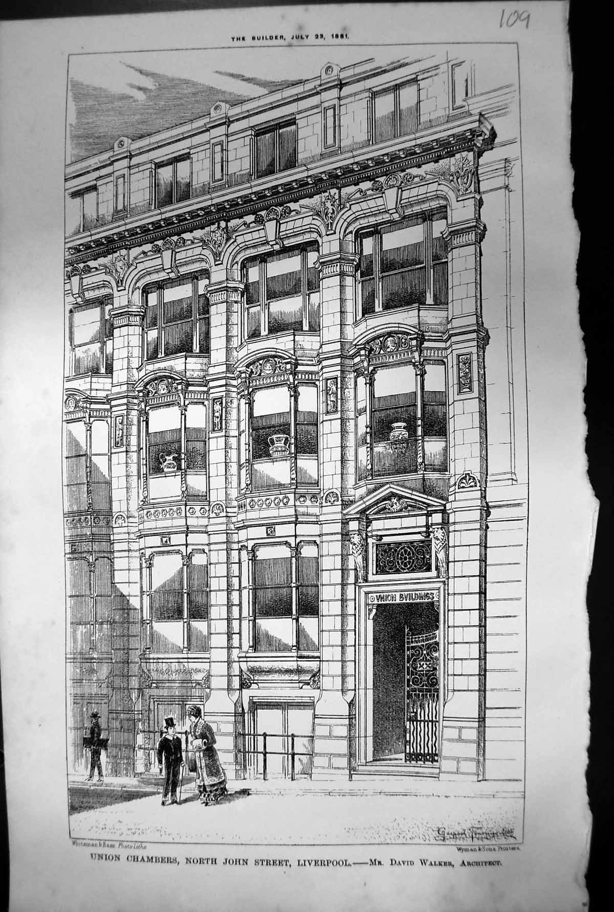 Antique Print Union Chambers North John Street Liverpool David Walker 1881 19th