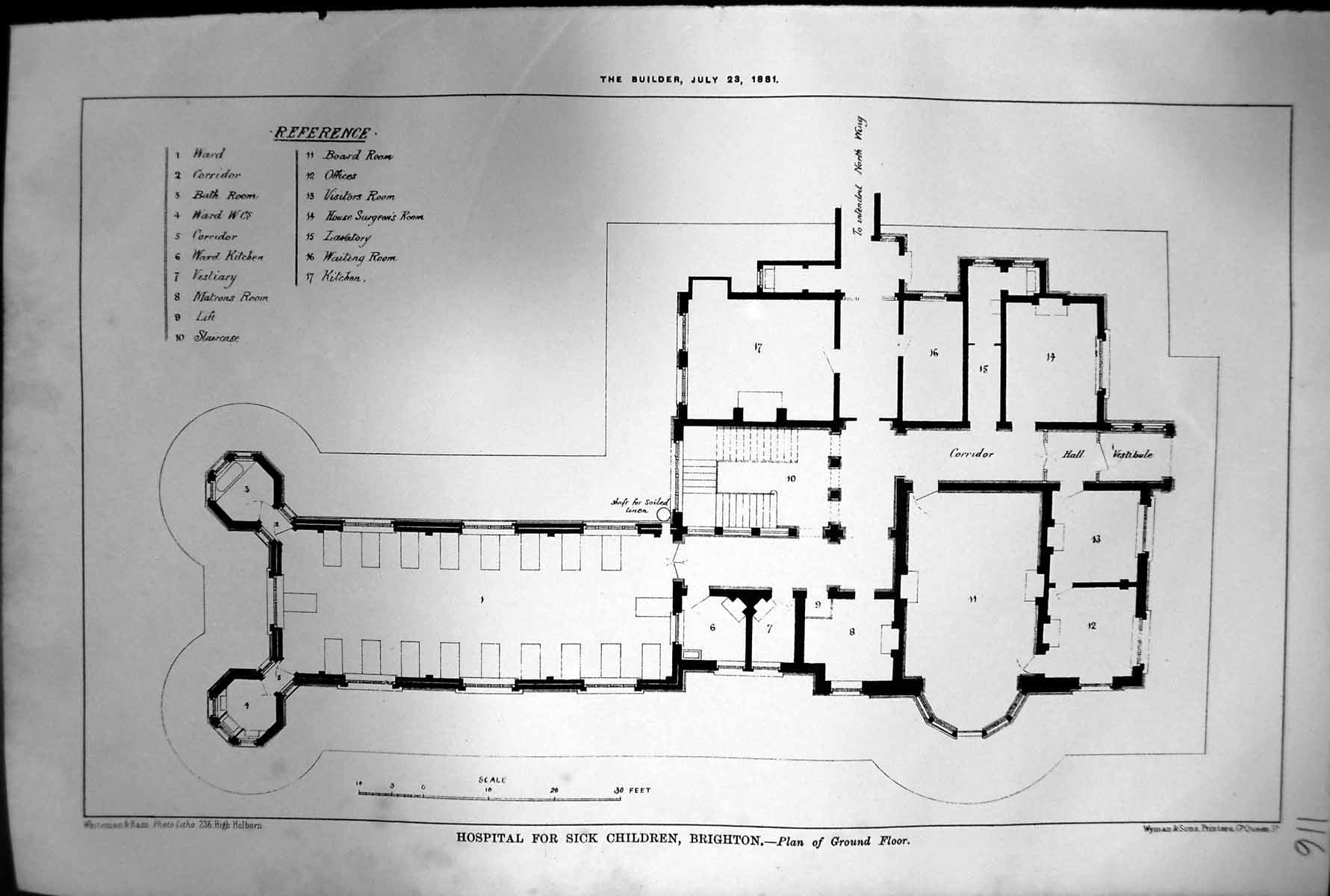 Antique Old Print Hospital For Sick Children Brighton Plan Ground Floor 1881