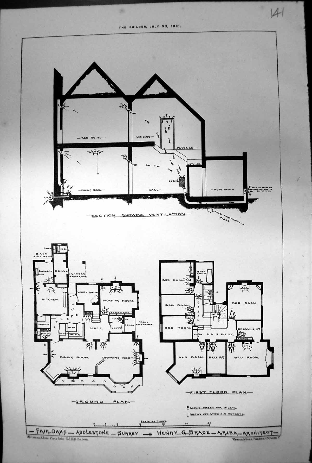 Old Fair Oaks Addlestone Surrey Henry Brace Architect Plan Floors 188 Victorian