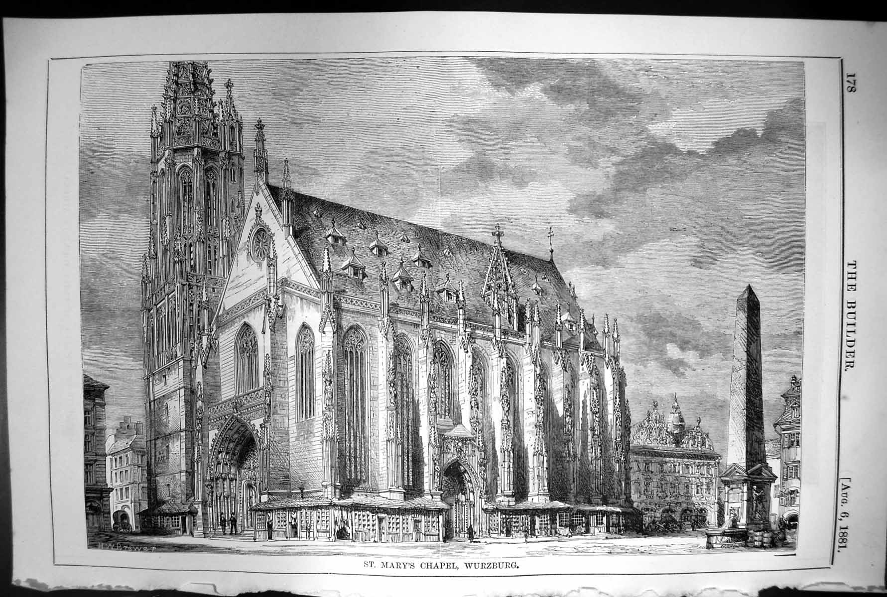 Original Old Antique Print Exterior St Marys Chapel Wurzburg H W Brewer 1881