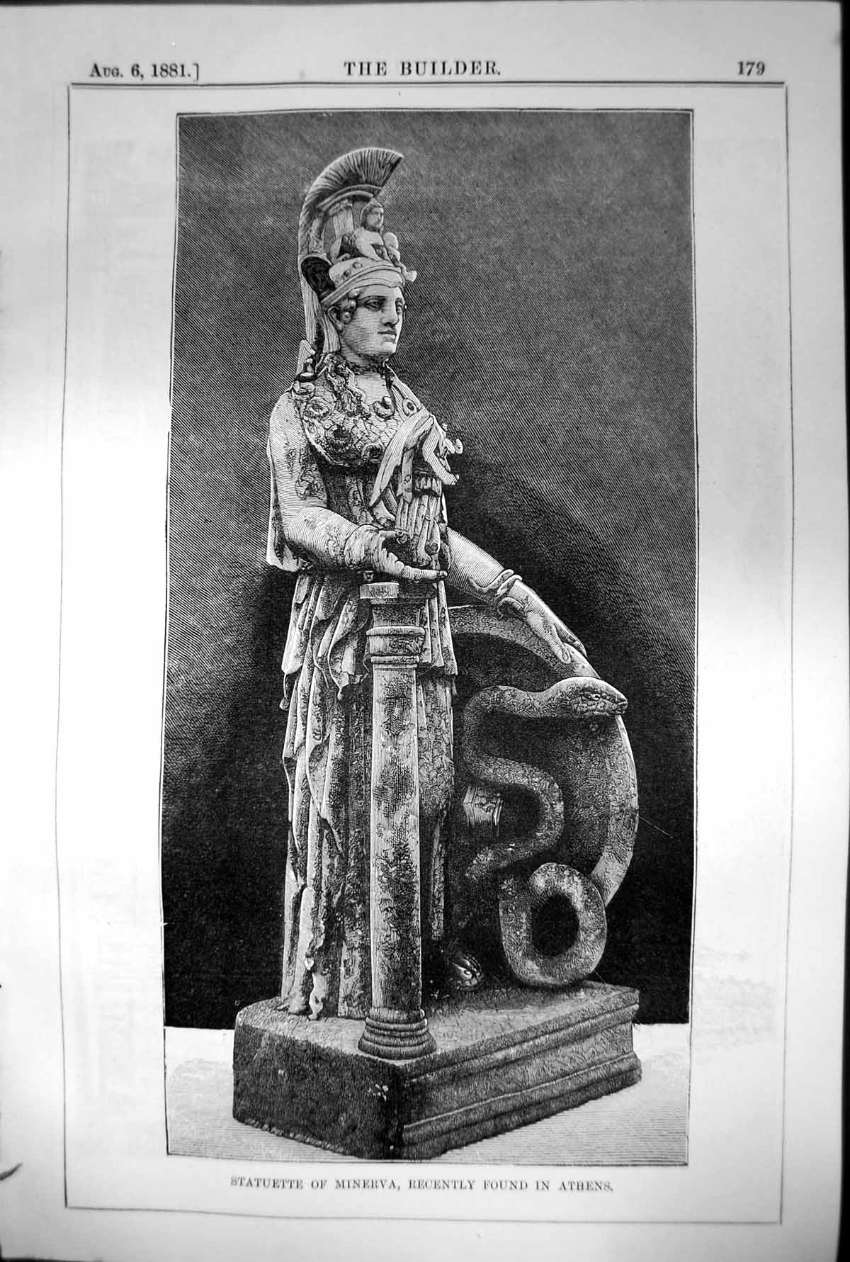 Original Old Antique Print Statuette Minerva Recently Found In Athens 1881 19th