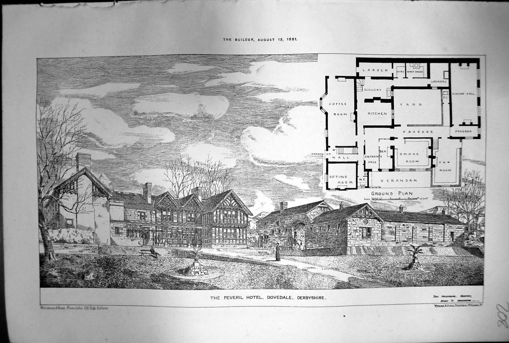Antique Old Print Peveril Hotel Dovedale Derbyshire Exteriot Ground Plan 1881