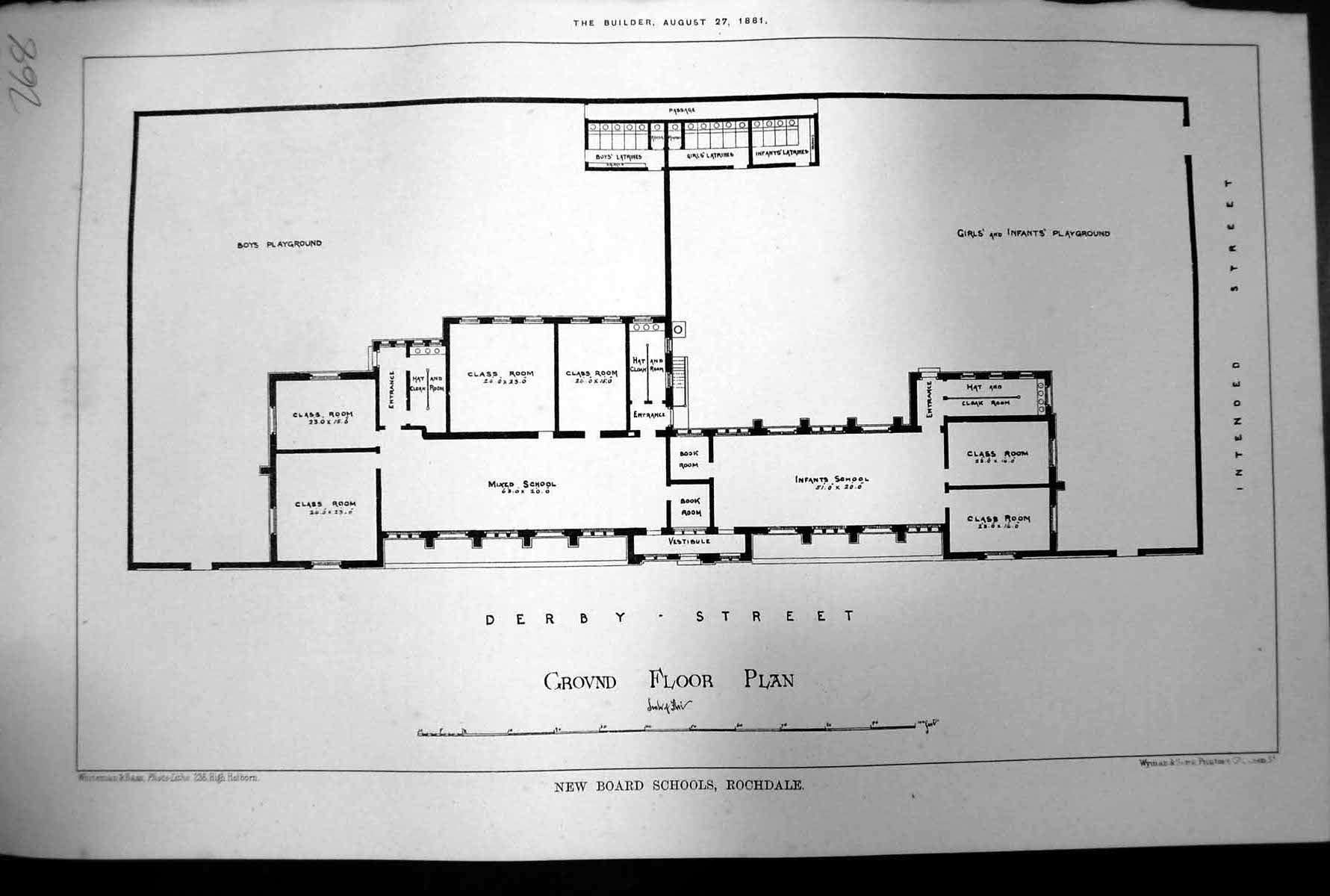 Original Old Antique Print New Board Schools Rochdale Ground Floor Plan 1881