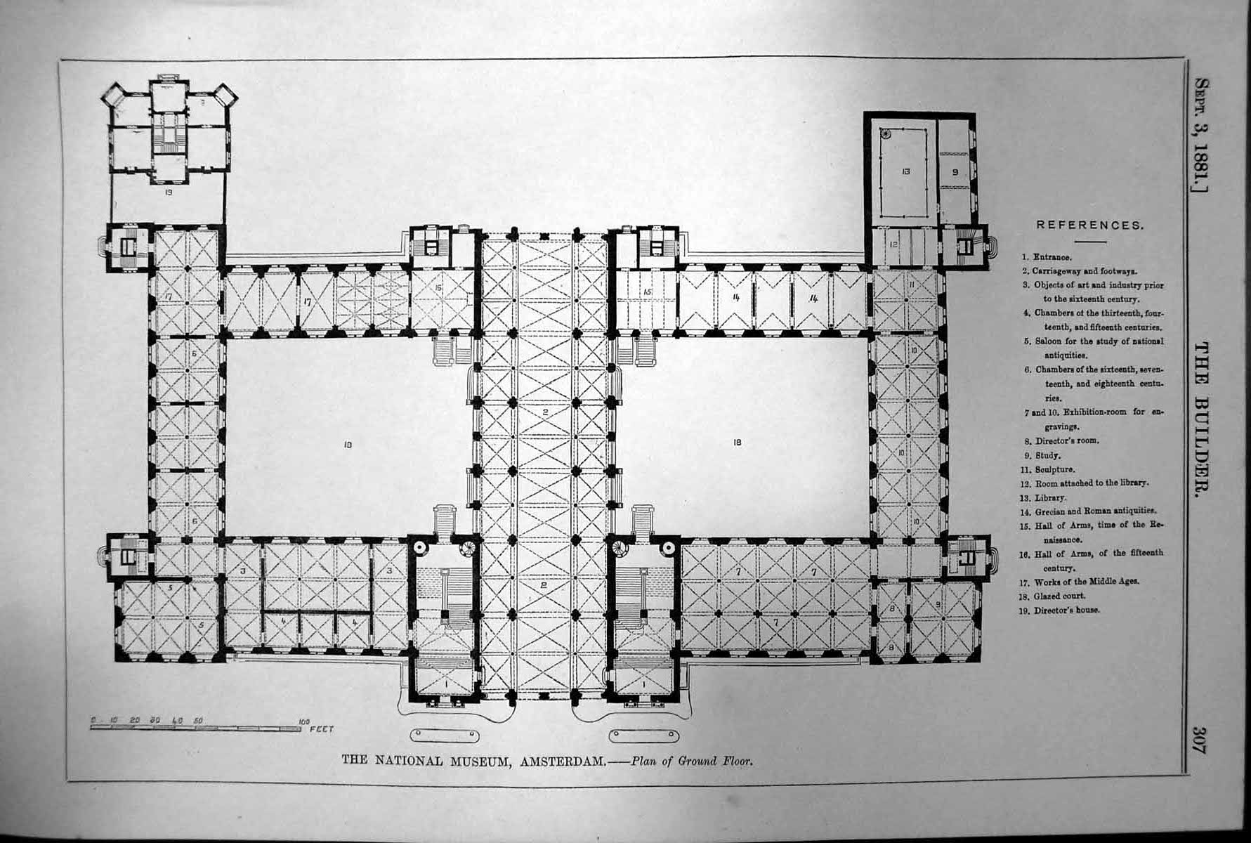 Original Old Antique Print National Museum Amsterdam Plan Ground Floor 1881
