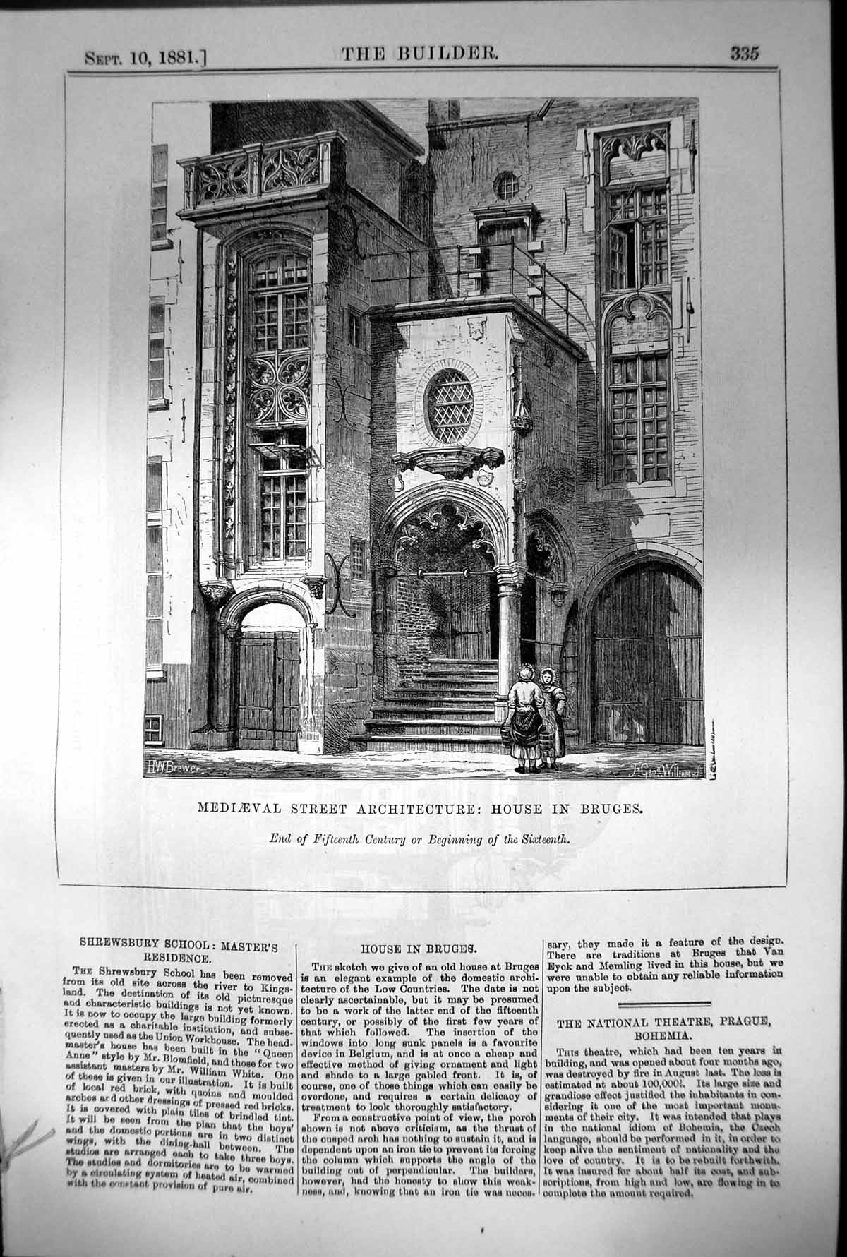 Old Print Medieval Street Architecture House Bruges End 15Th Century 1881
