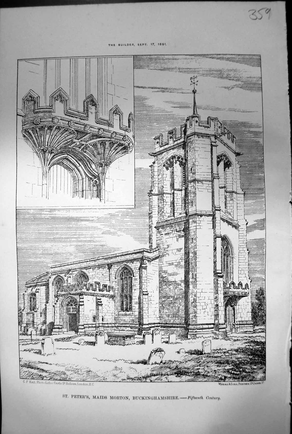 Antique Print St Peters Maids Norton Buckinghamshire Fifteenth Century 1881