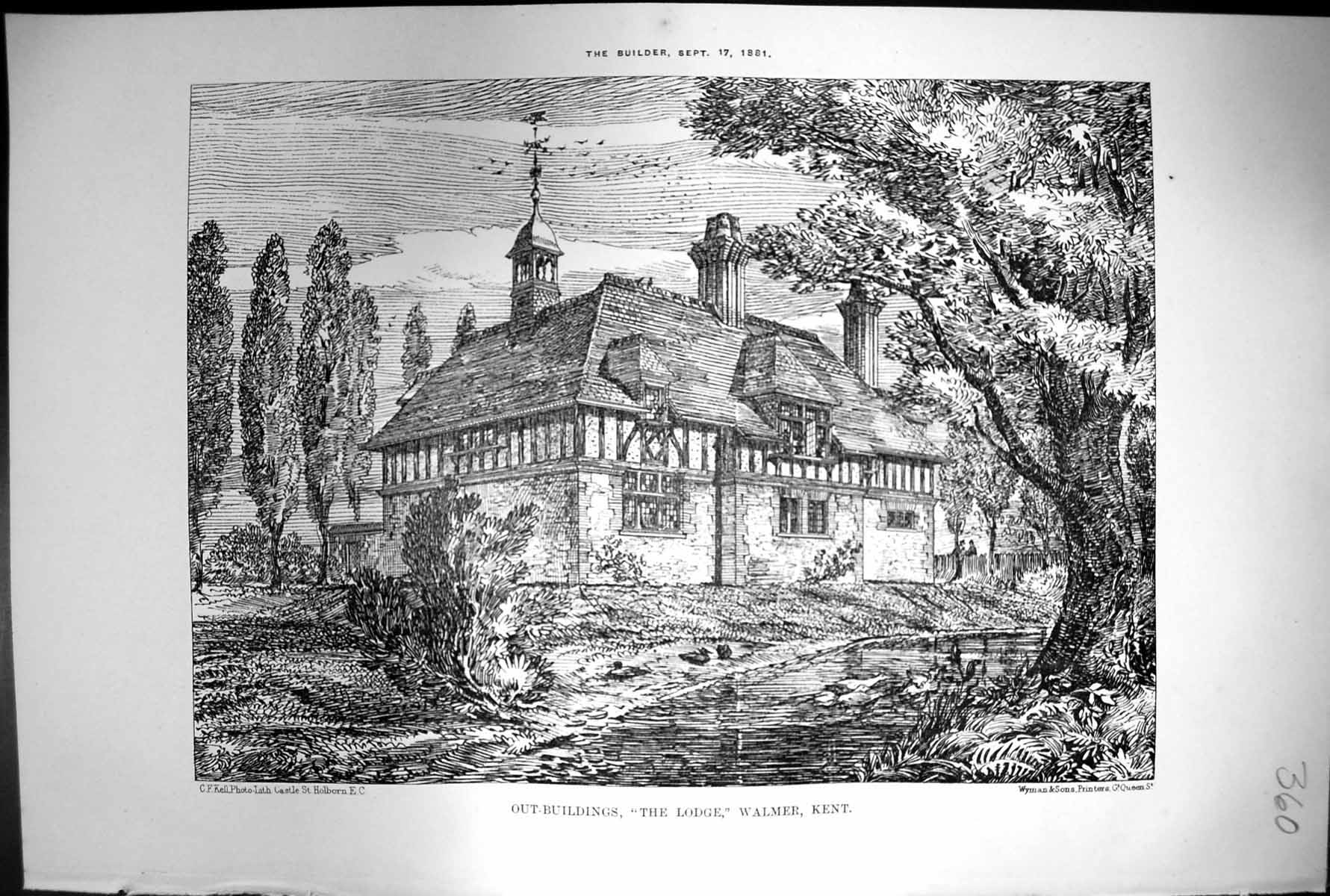 Old Antique Print Out Buildings The Lodge Walmer Kent Stream Trees 1881 19th