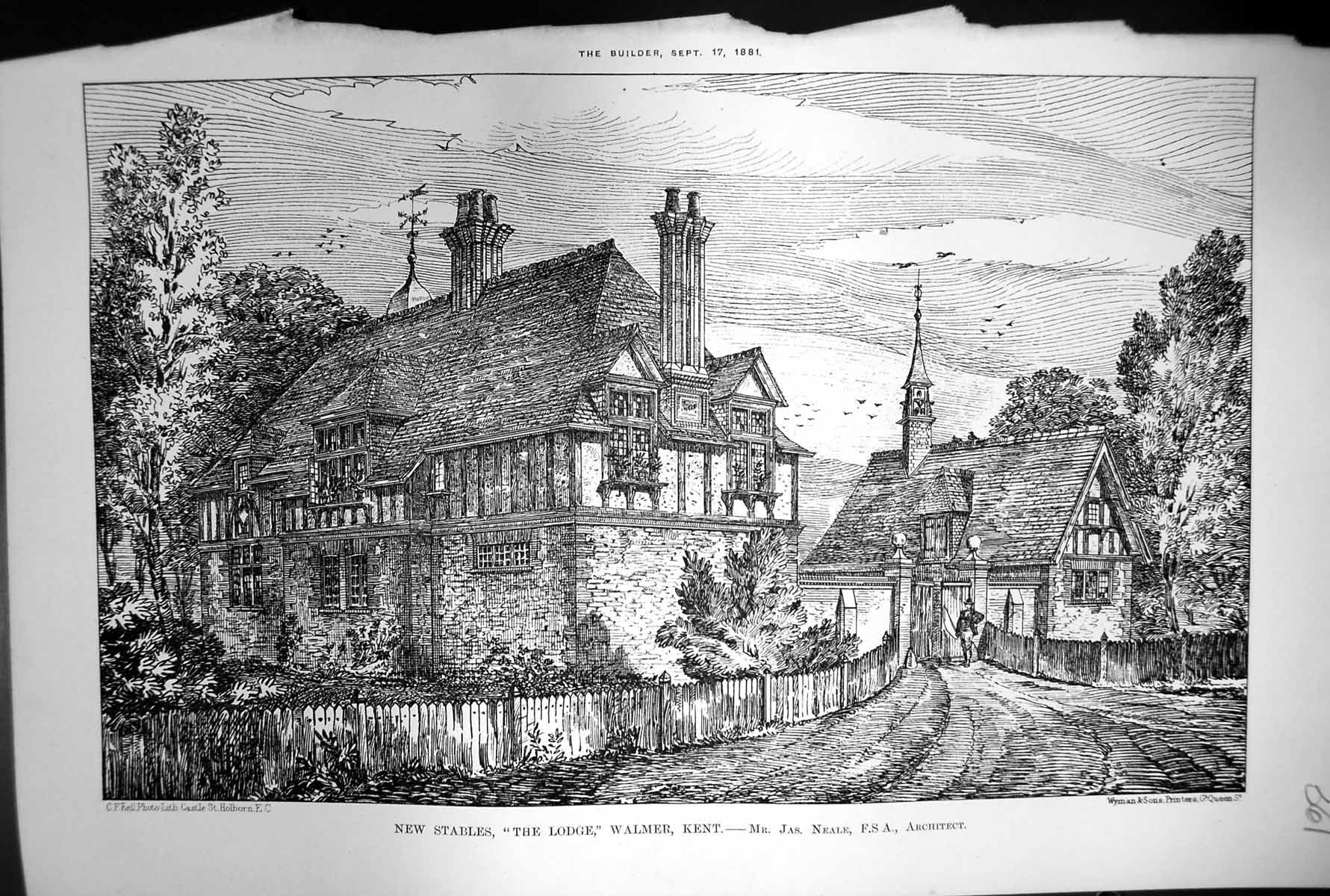 Antique Print New Stables The Lodge Walmer Kent James Neale Architect 1881 19th