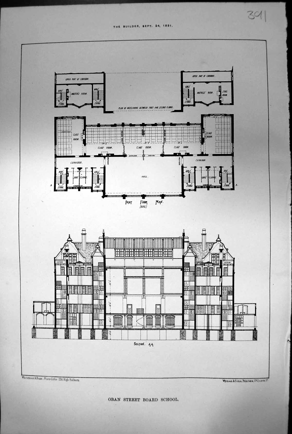 Old Antique Print Oban Street Board School First Floor Plan Section 1881 19th