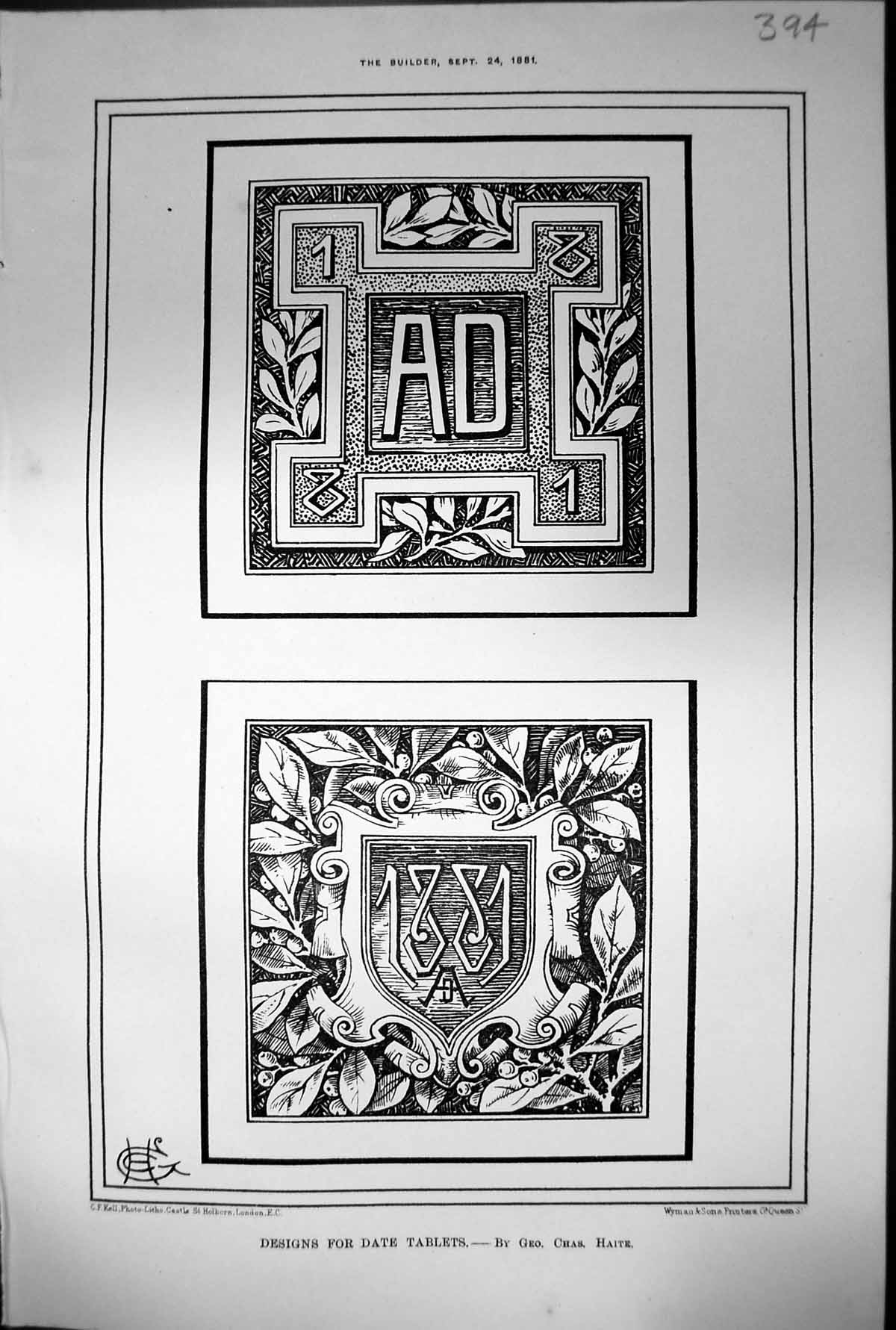 Antique Print Designs For Date Tablets Examples Ad 1881 Geo Chas Haite 1881