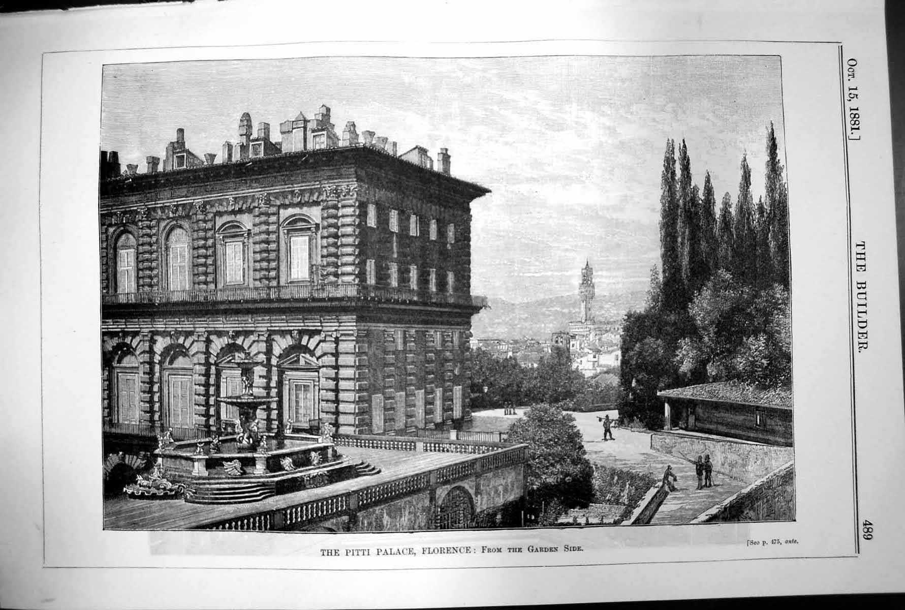 Original Old Antique Print Pitti Palace Florence From Garden Side 1881 19th