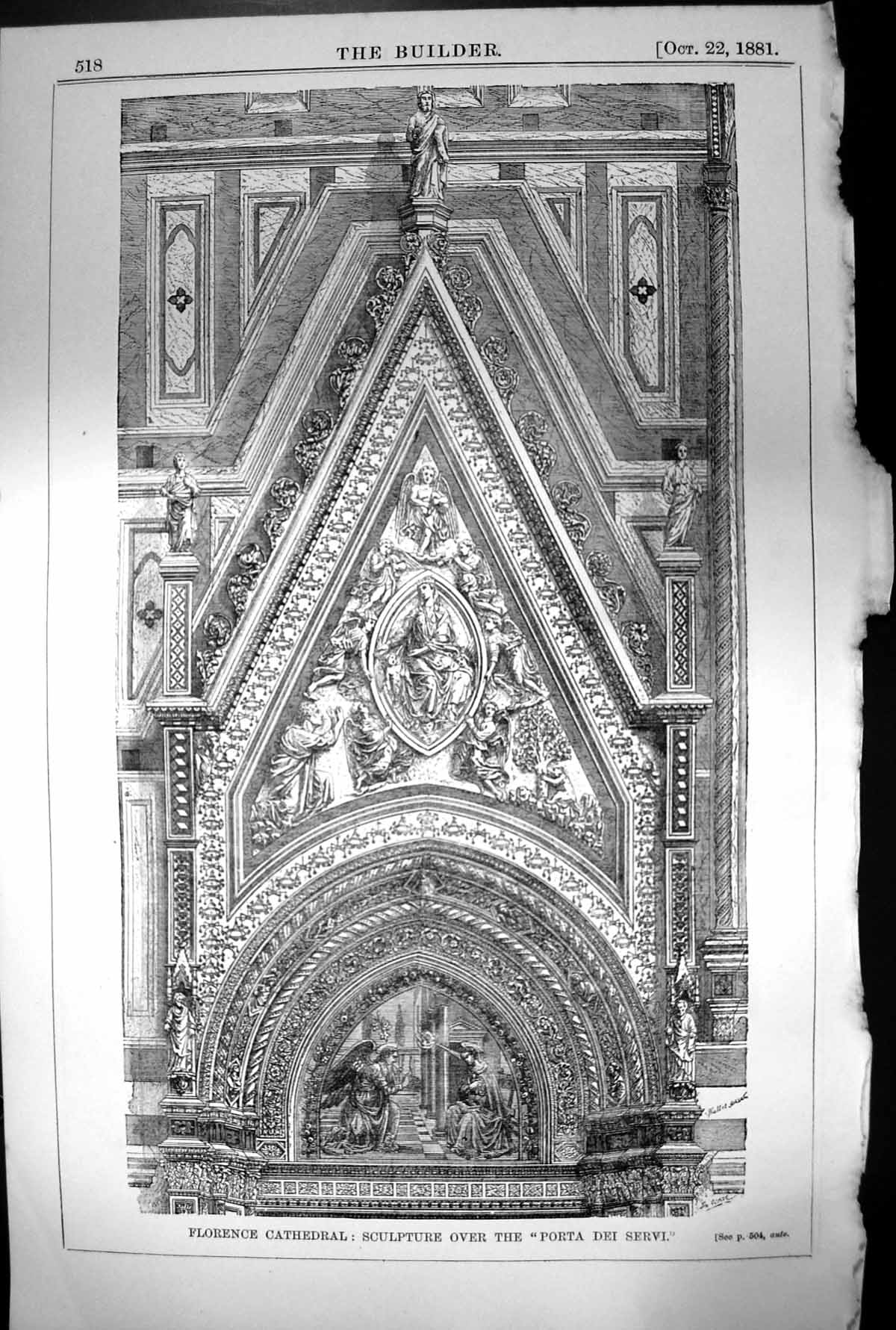 Old Antique Print Florence Cathedral Sculpture Over Porta Dei Servi 1881 19th