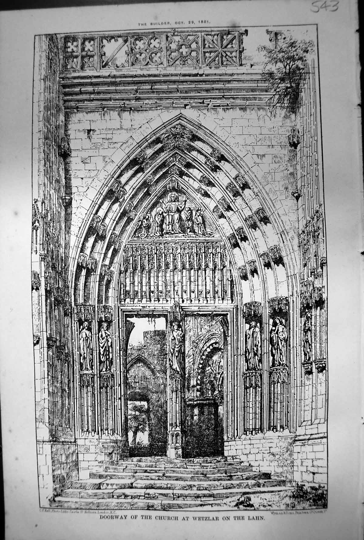 Original Old Antique Print Doorway Church Wetzlar On Lahn Arch Steps 1881 19th