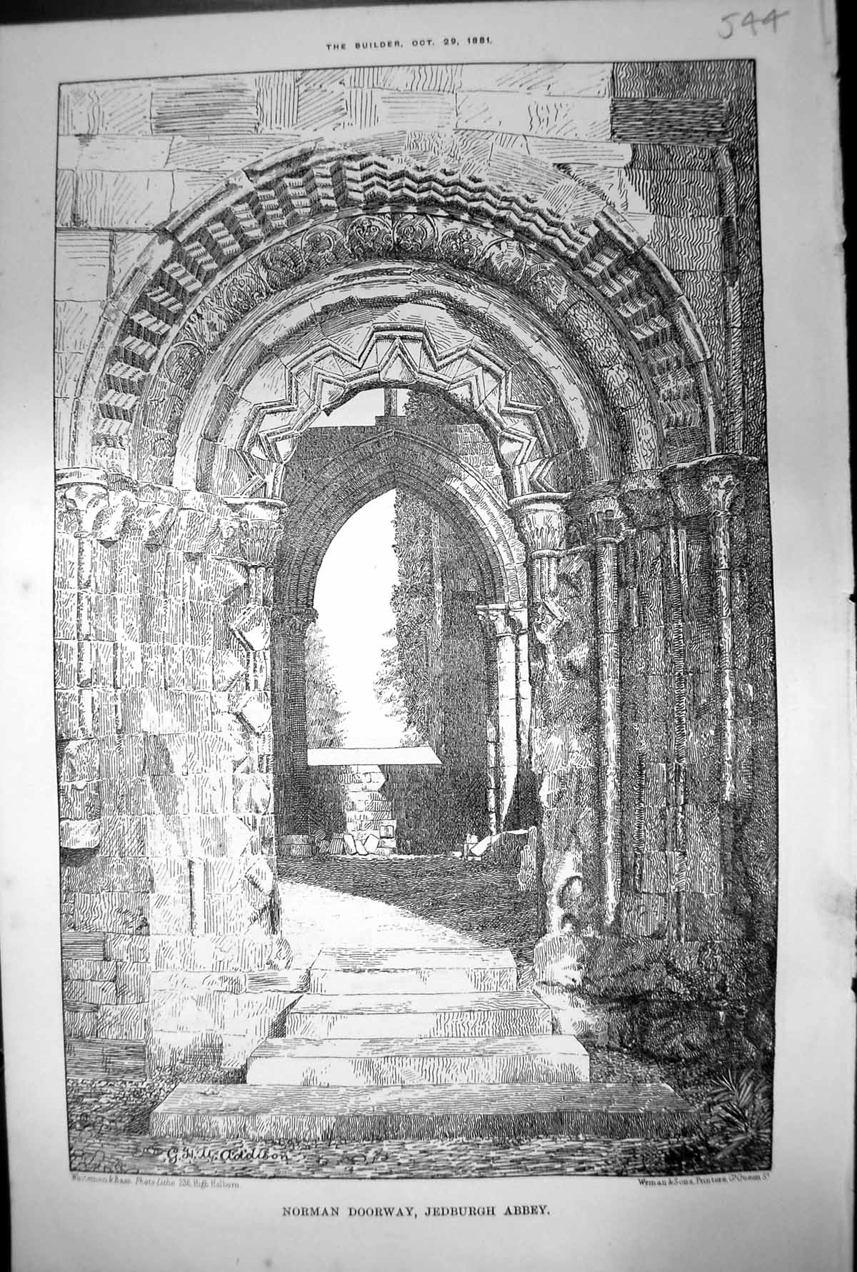 Original Old Antique Print Norman Doorway Jedburgh Abbey G Addison 1881 19th