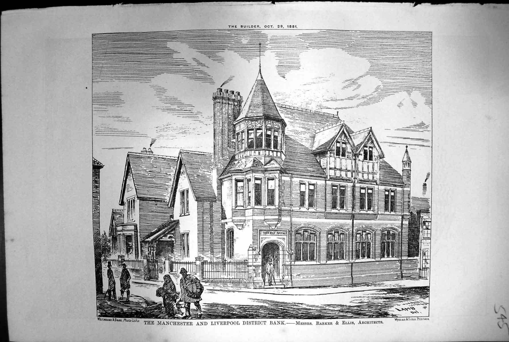Old Print Manchester Liverpool District Bank Barker Ellis Architects 1881 19th