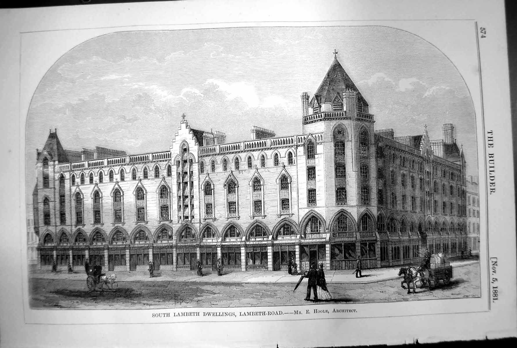 Antique Old Print South Lambeth Dwellings Lambeth Road E Hoole Architect 1881
