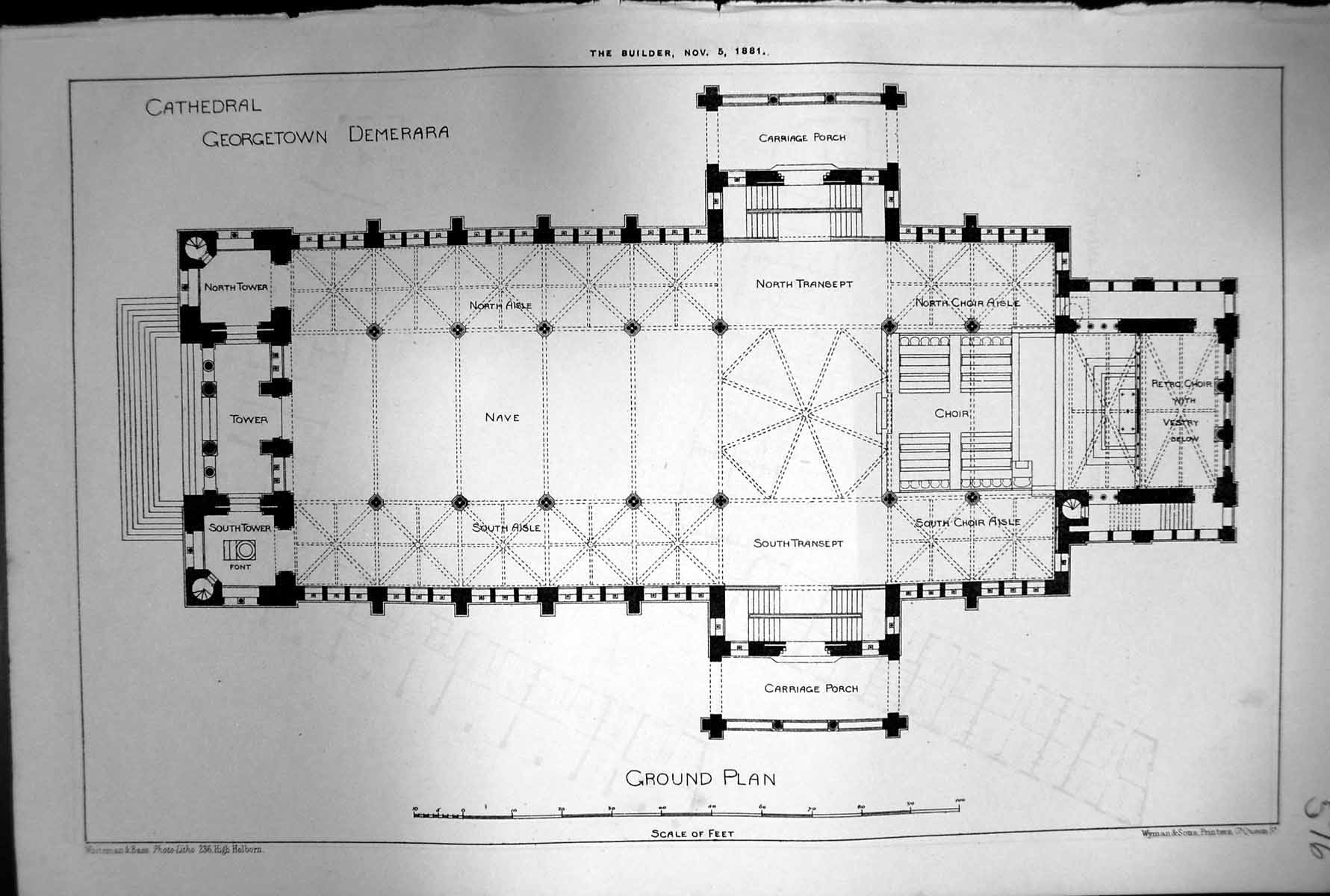 Antique Old Print Cathedral Georgetown Demerara Plan Ground Tower Nave 1881