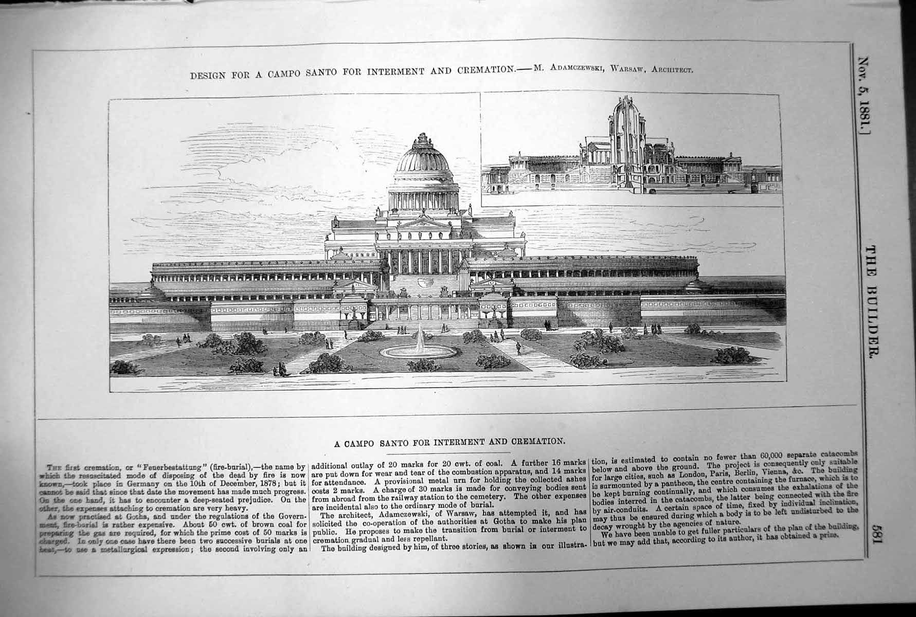 Old Print Design Campo Santo Internment Cremation Adamczewski Warsaw1881 19th
