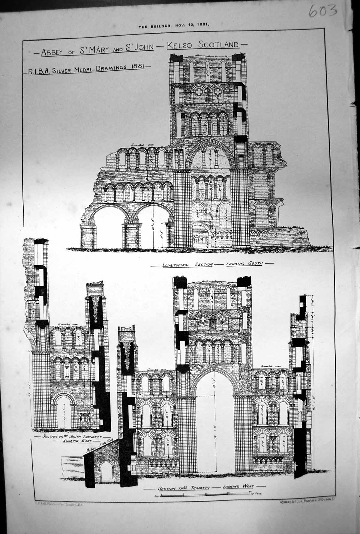Old Print Abbey St Mary St John Kelso Scotland Silver Medal Drawings 1881 19th