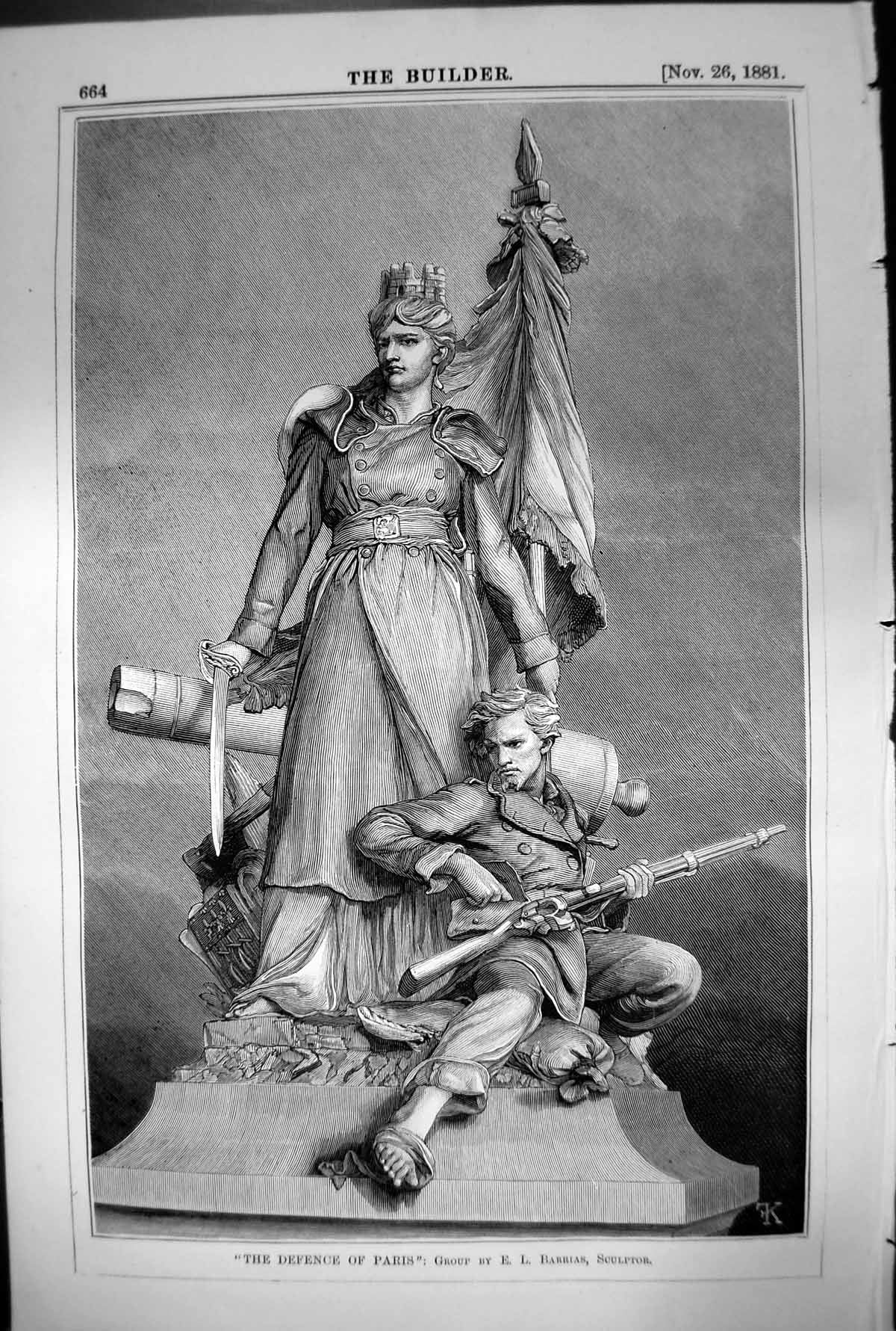 Old Antique Print Sculpture Defence Paris Group E L Barrias Sculptor 1881 19th