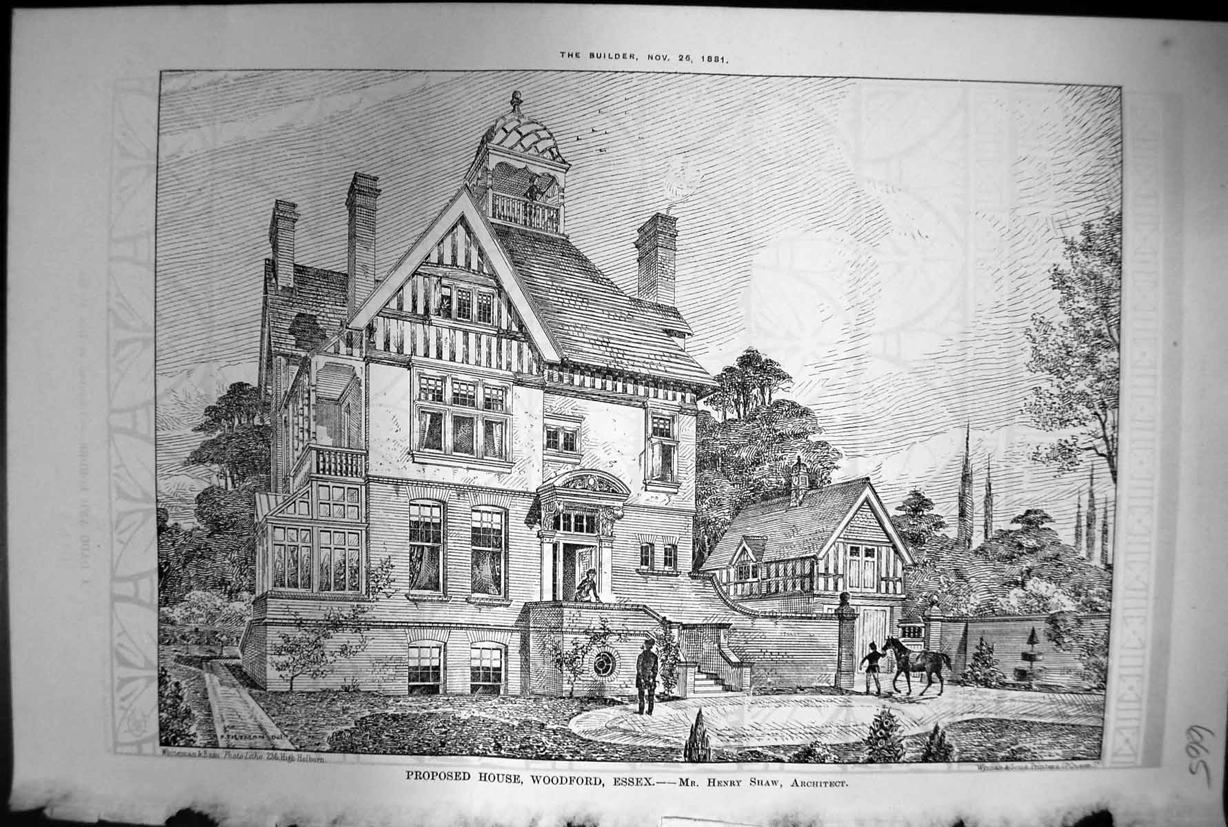 Old Antique Print Proposed House Woodford Essex Henry Shaw Architect 1881 19th