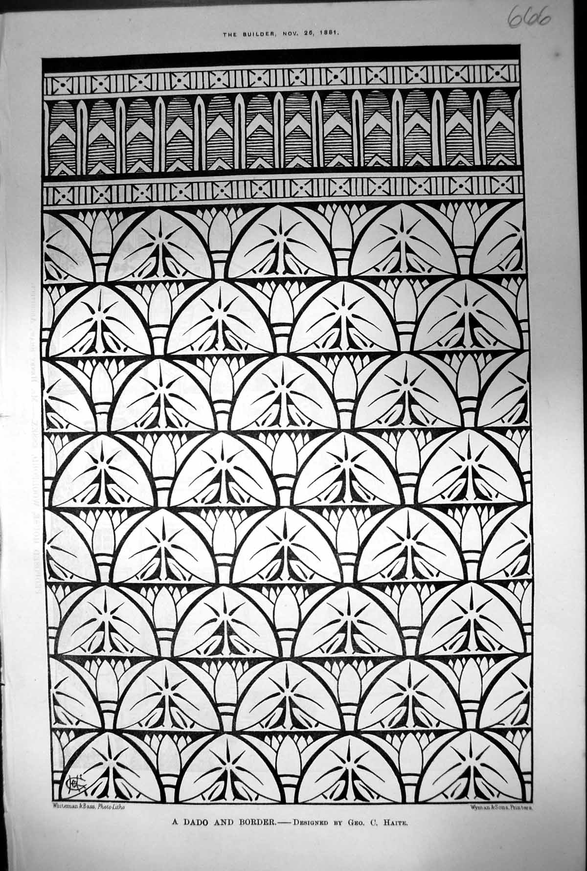 Original Old Antique Print Dado And Border Designed By George C Haite 1881 19th