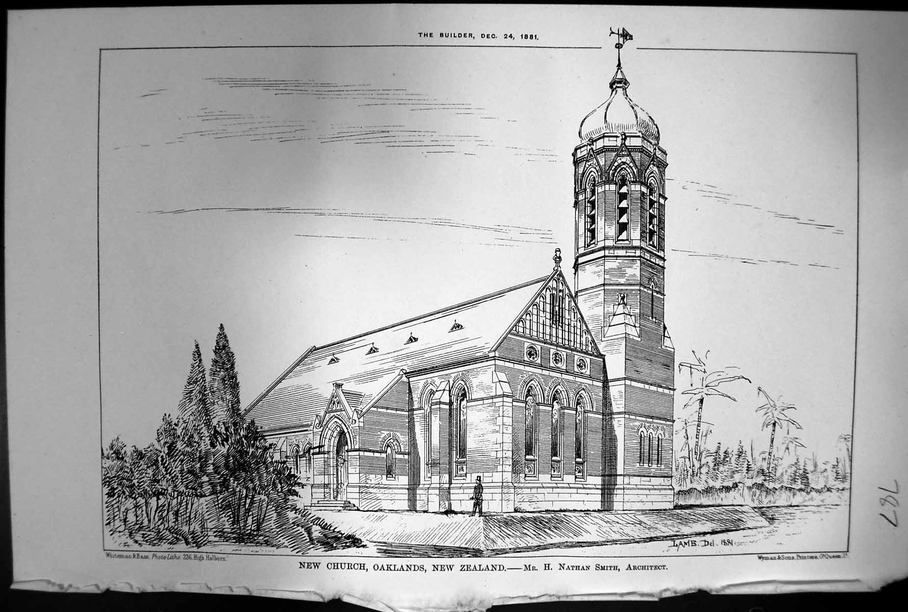Antique Print New Church Oaklands New Zealand H Nathan Smith Architect 1881