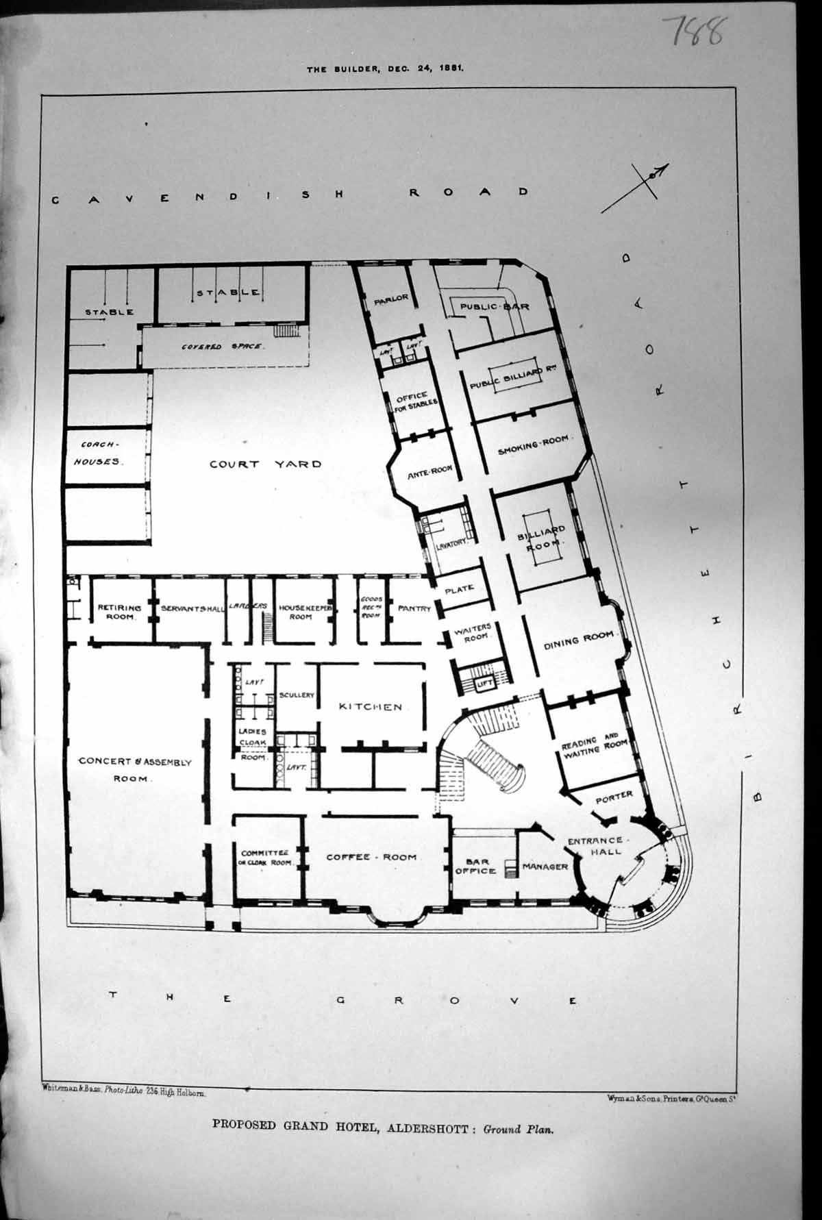 Old Print Proposed Grand Hotel Aldershott Ground Plan Cavendish Road 1881 19th