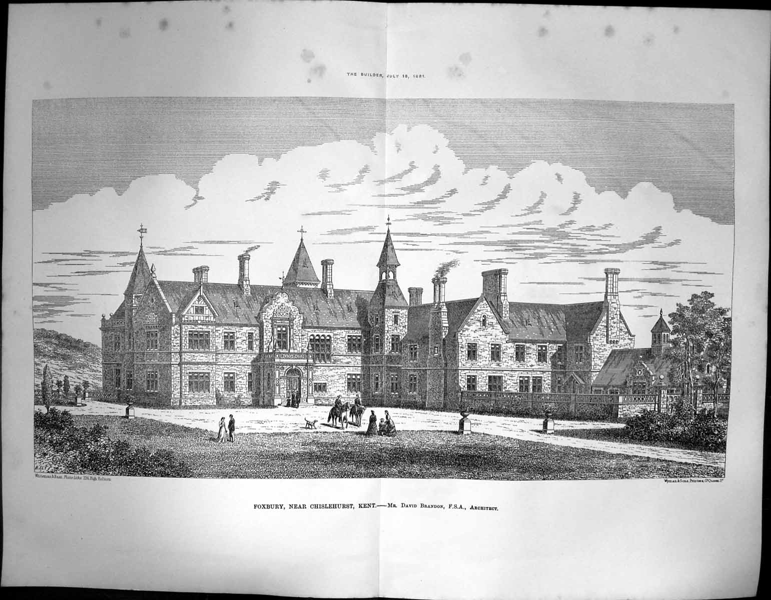 Antique Old Print Foxbury Near Chislehurst Kent David Brandon Architect 1881
