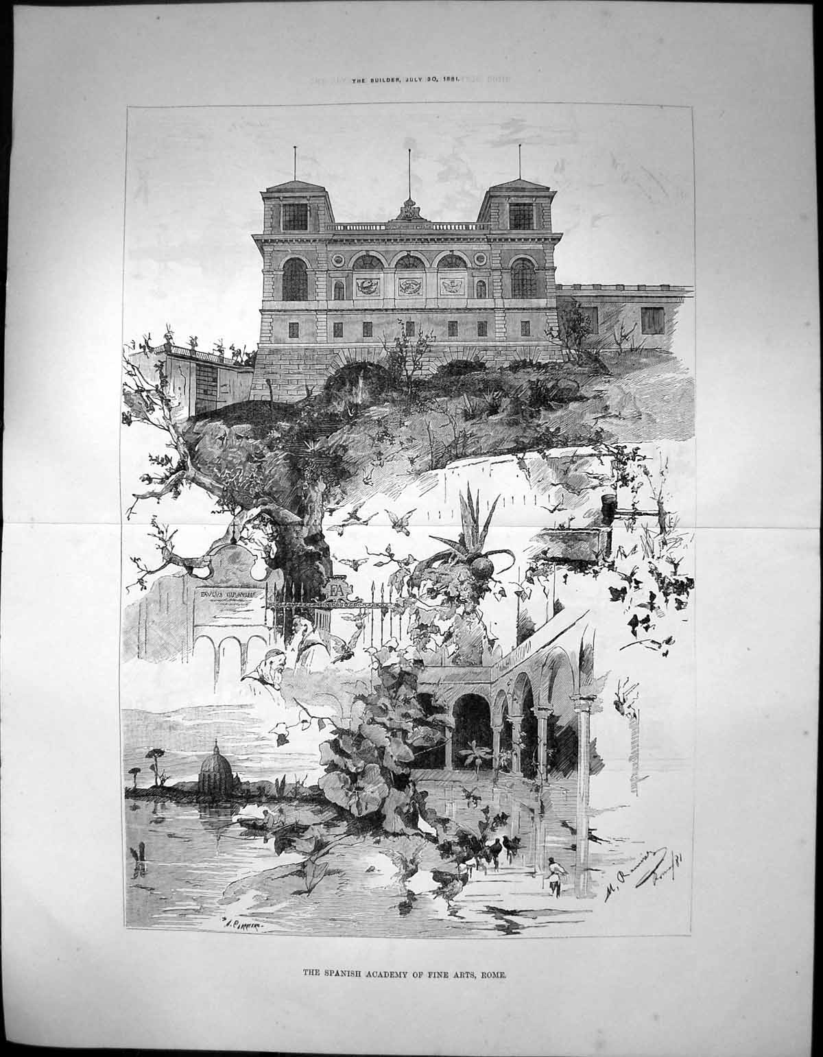 Original Old Antique Print Spanish Academy Fine Arts Rome A Carretero 1881