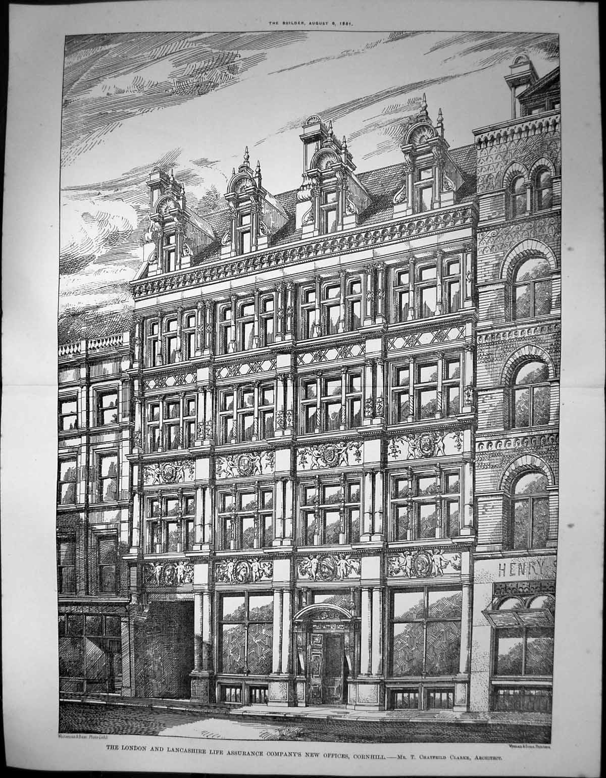 Antique Print London Lancashire Life Assurance Co New Fices Cornhill 1881 19th